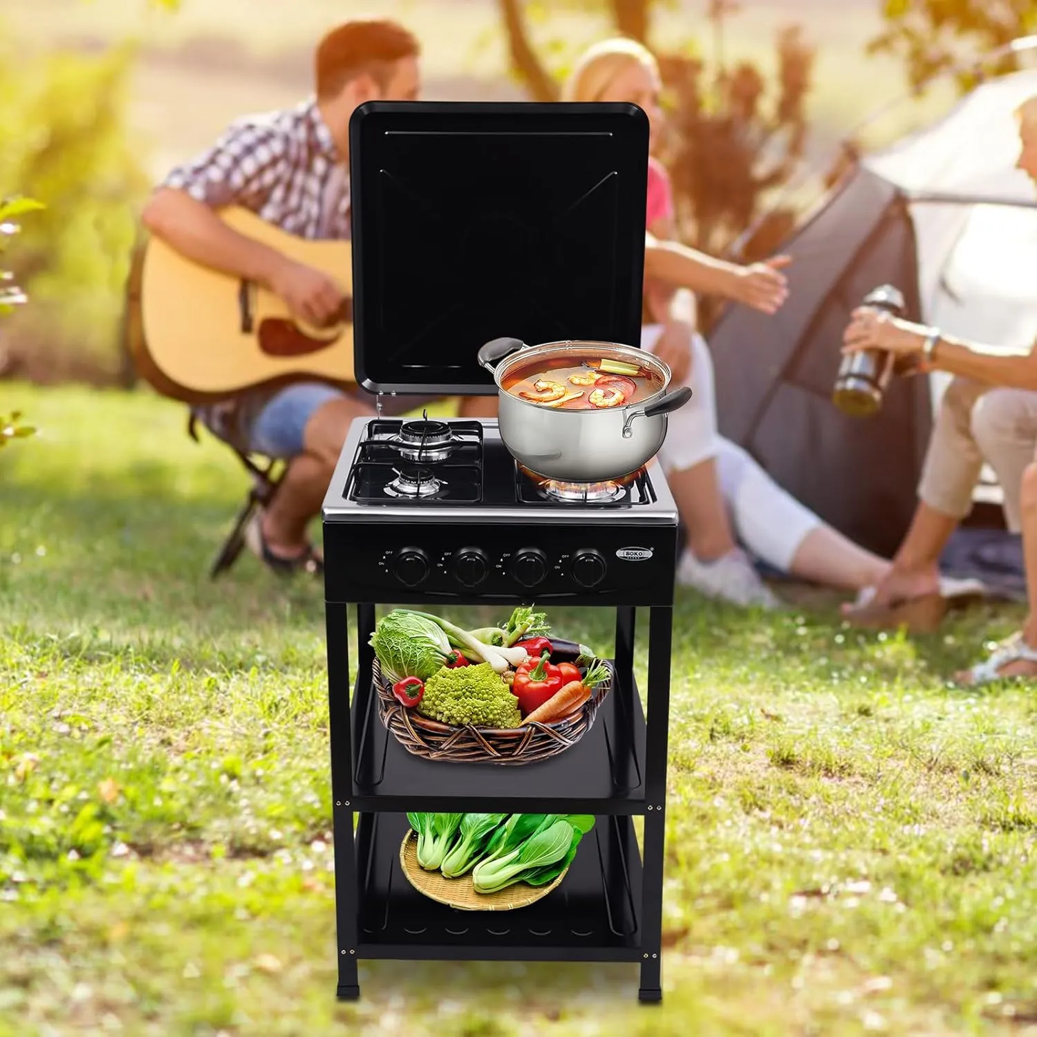 4 Burner Gas Stove Portable Natural Gas Camping Grill Stove Floor Standing Gas Cooktop with Storage Stand Wind Blocking Cover Adapter Manual Ignition for Outdoor Camping RV (4 Burner-Black)