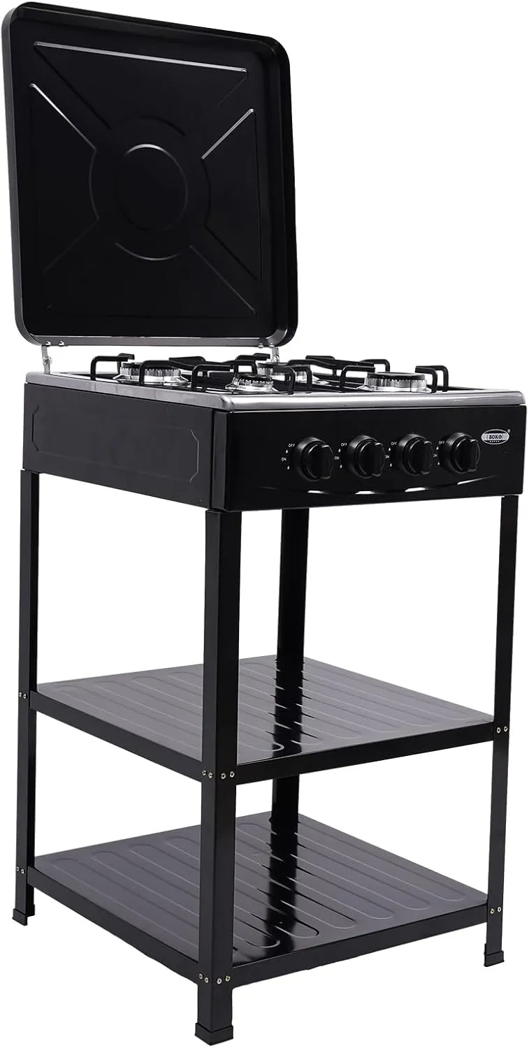 4 Burner Gas Stove Portable Natural Gas Camping Grill Stove Floor Standing Gas Cooktop with Storage Stand Wind Blocking Cover Adapter Manual Ignition for Outdoor Camping RV (4 Burner-Black)