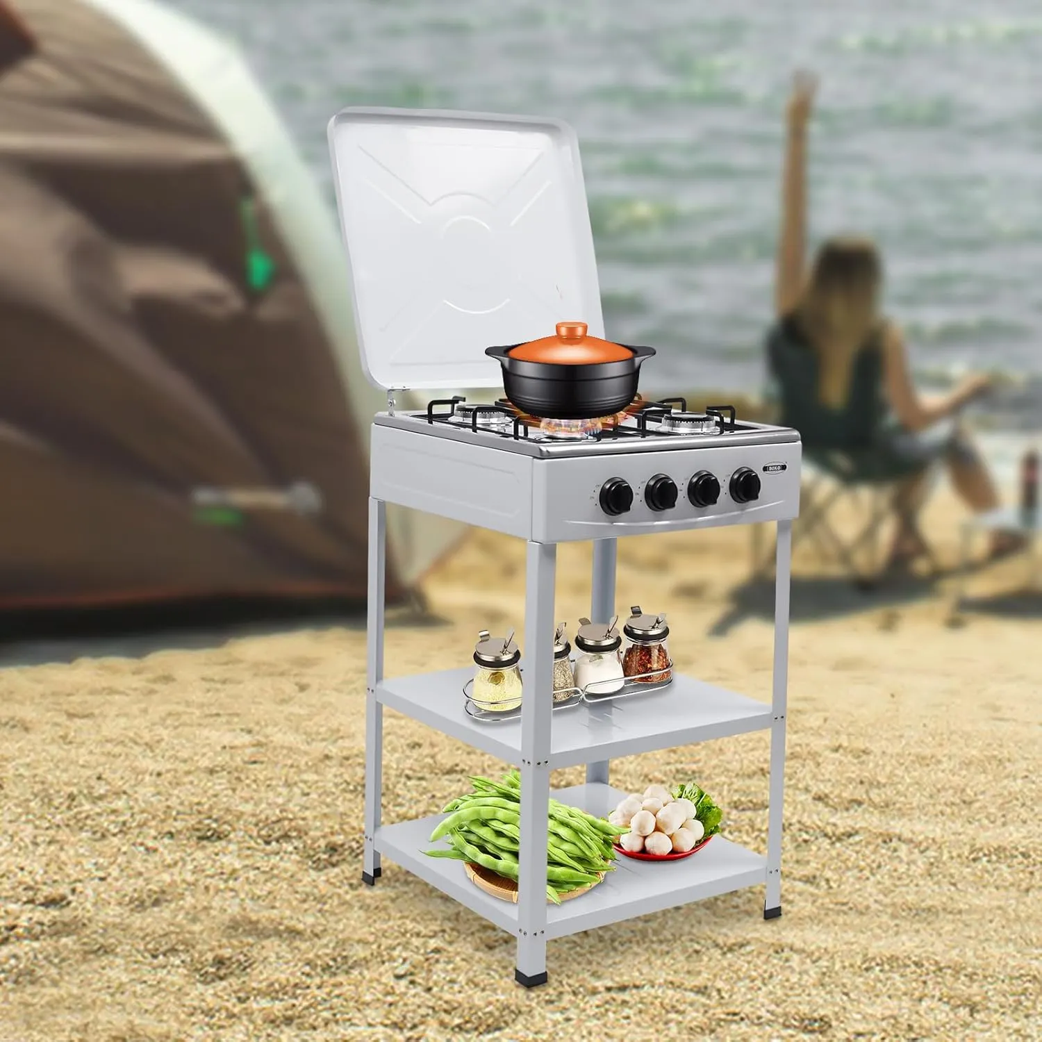 4 Burner Gas Stove Portable Outdoor Stove, Heavy Duty Stainless Steel Gas Cooker with Storage Rack & Wind Blocking Cover Adapter Manual Ignition, for Home, RV, Apartment, Outdoor Cooking (No Hose)