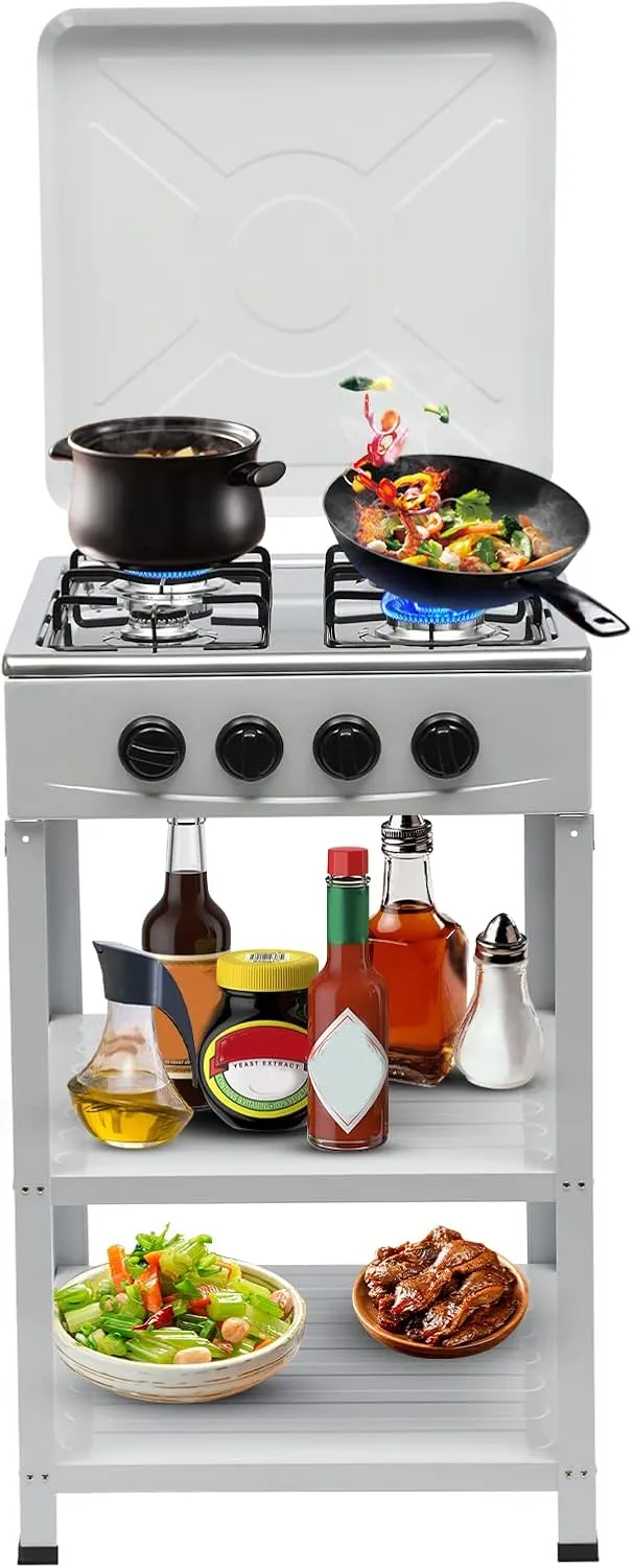 4 Burner Gas Stove Portable Stainless Steel Stove with Support Leg Stand and Wind Blocking Cover Adapter Manual Ignition Camping Stove for RV, Apartment, Outdoor Cooking