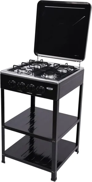 4 Burner Gas Stove with Stand Portable Propane Camping Stove with Wind Blocking Cover & Storage Shelf, Manual Ignition Gas Cooker for RV, Apartment, Outdoor Cooking (Black)