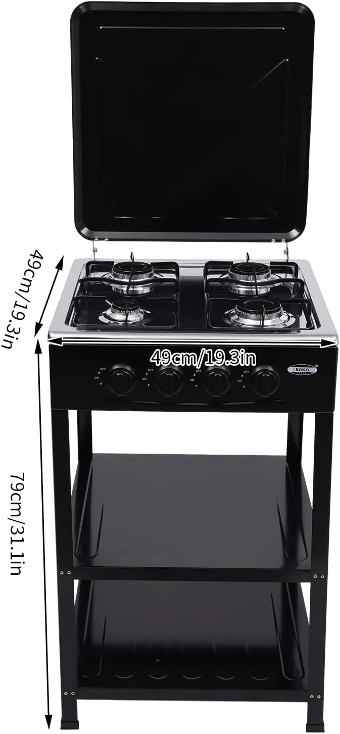 4 Burner Gas Stove with Stand Portable Propane Camping Stove with Wind Blocking Cover & Storage Shelf, Manual Ignition Gas Cooker for RV, Apartment, Outdoor Cooking (Black)