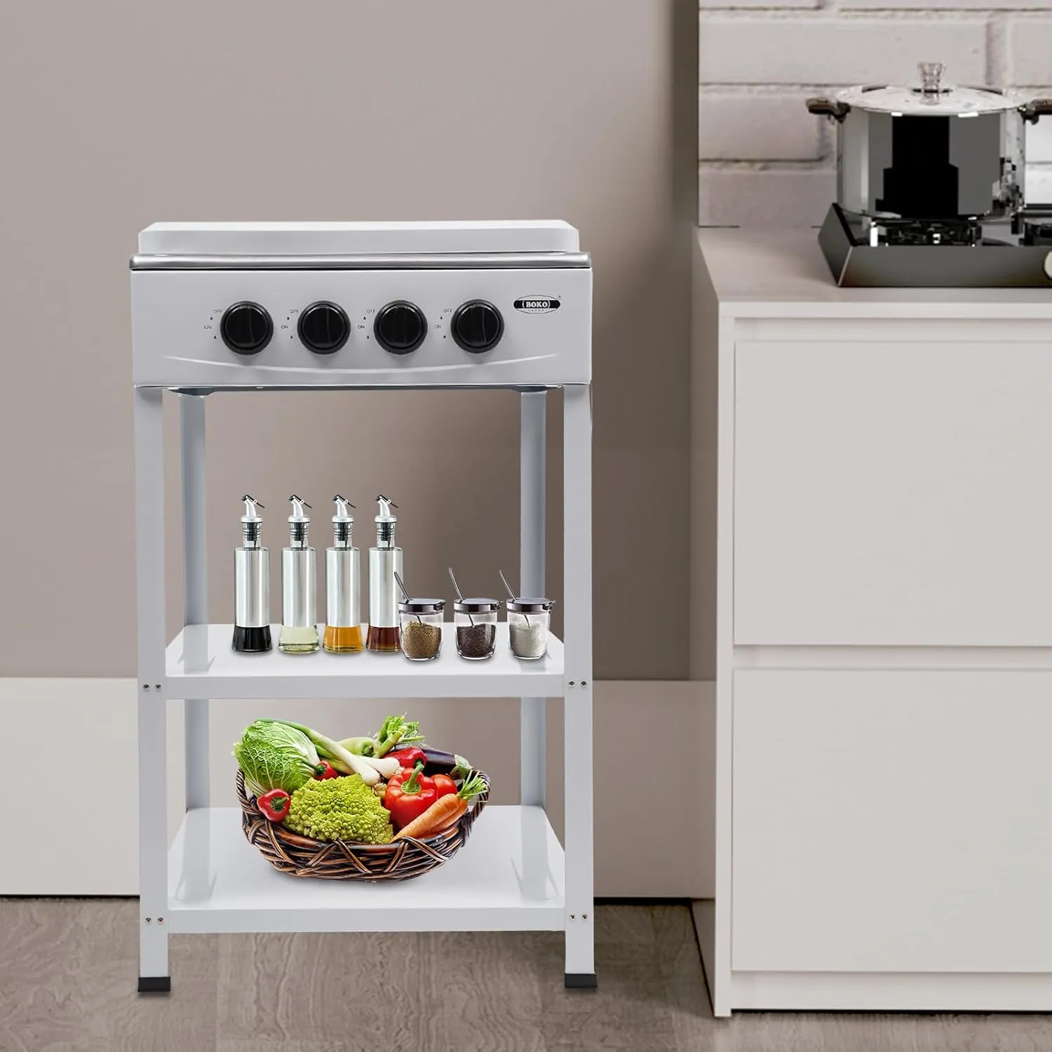 4 Burner Gas Stove with Wind Shield, without Gas Hose Portable LNG/LPG Gas Stove with 2 Storage Shelves for RV, Apartment, Outdoor Cooking (White)