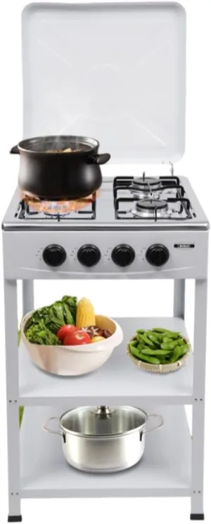 4 Burner Gas Stove with Wind Shield, without Gas Hose Portable LNG/LPG Gas Stove with 2 Storage Shelves for RV, Apartment, Outdoor Cooking (White)
