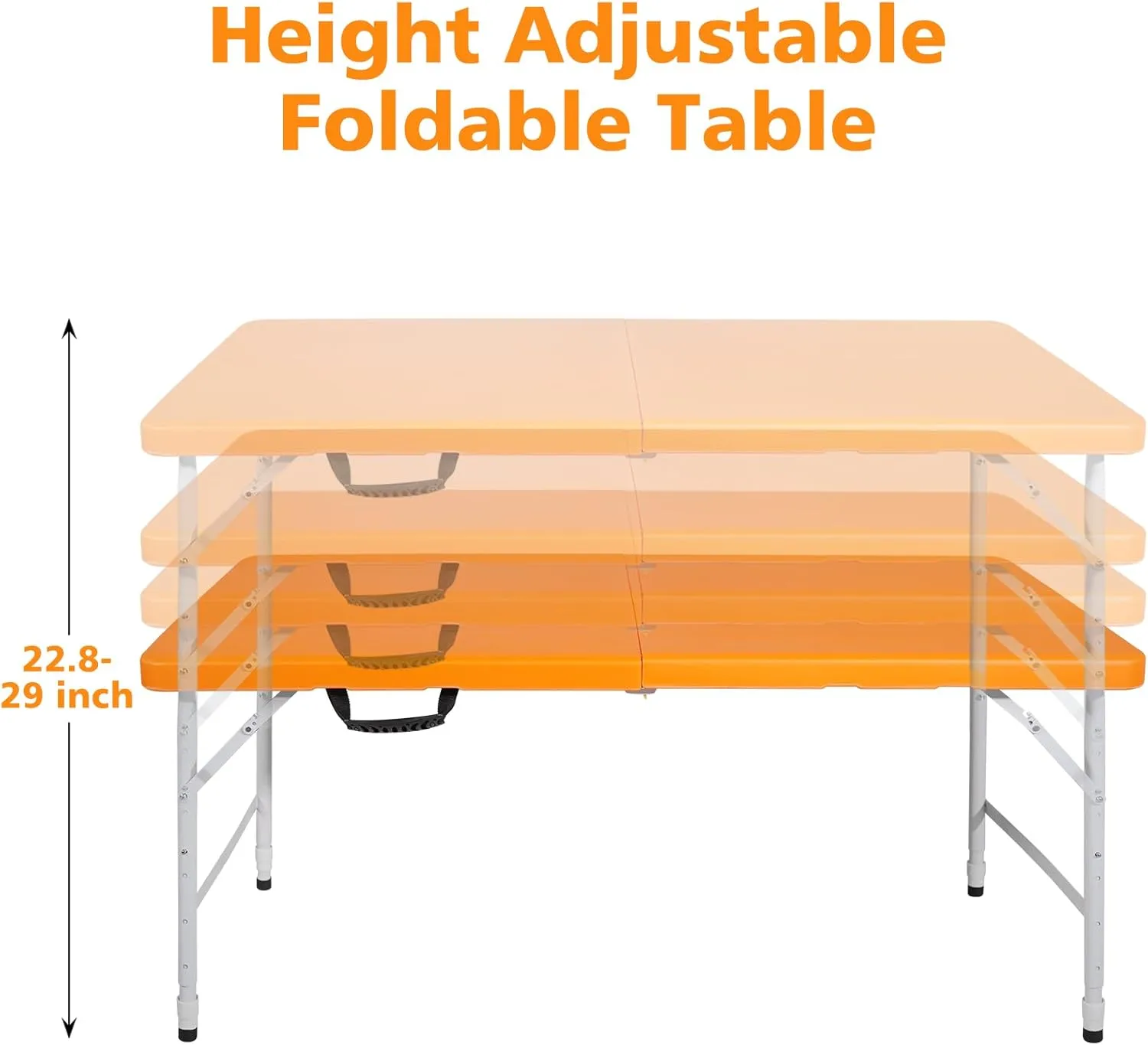 4 Foot Portable Folding Table Adjustable Height Lightweight Indoor Outdoor Picnic Beach Camping Dining Fold Out Table, Iron Utility Table Folding Desk with Carry Handle (Orange, 4ft)