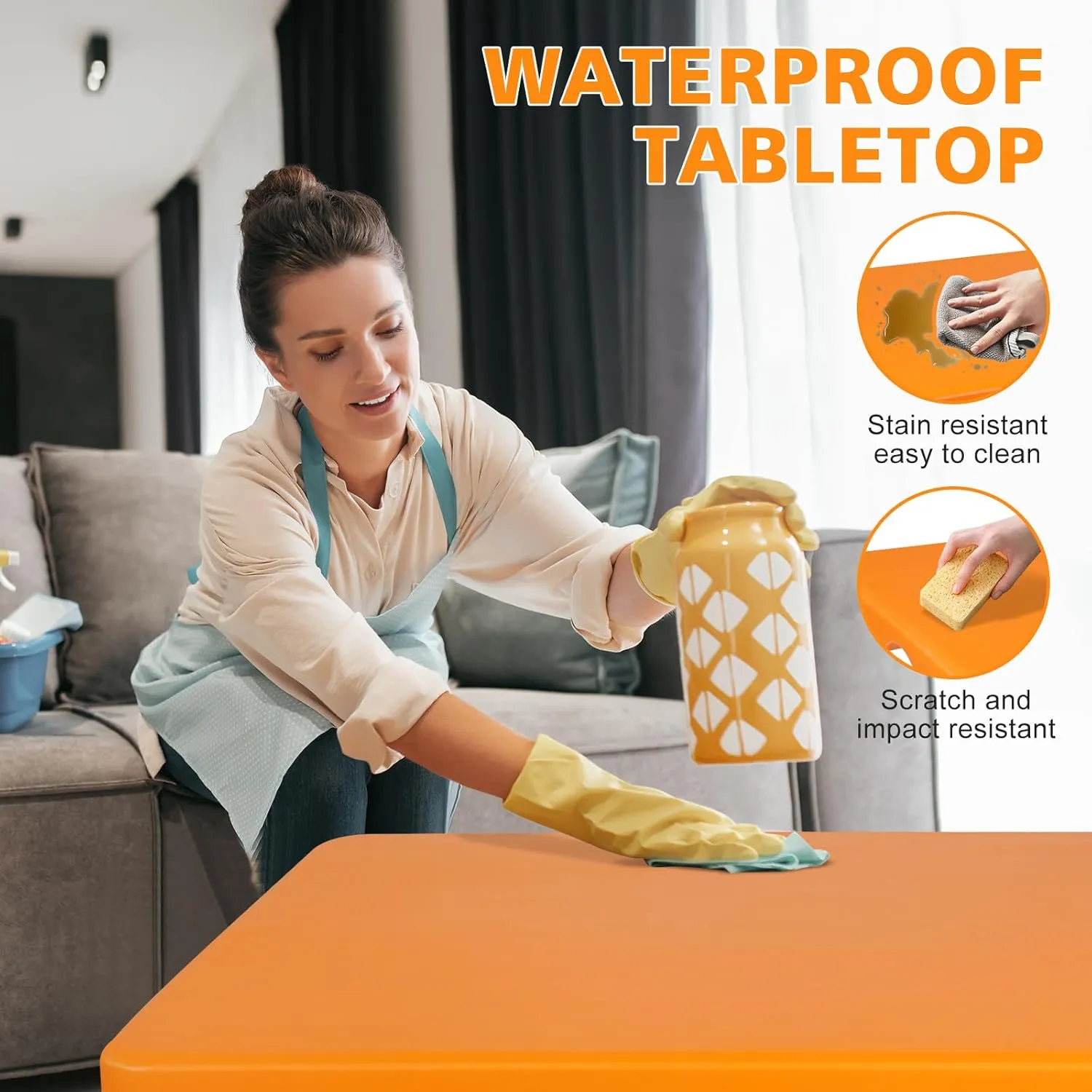 4 Foot Portable Folding Table Adjustable Height Lightweight Indoor Outdoor Picnic Beach Camping Dining Fold Out Table, Iron Utility Table Folding Desk with Carry Handle (Orange, 4ft)