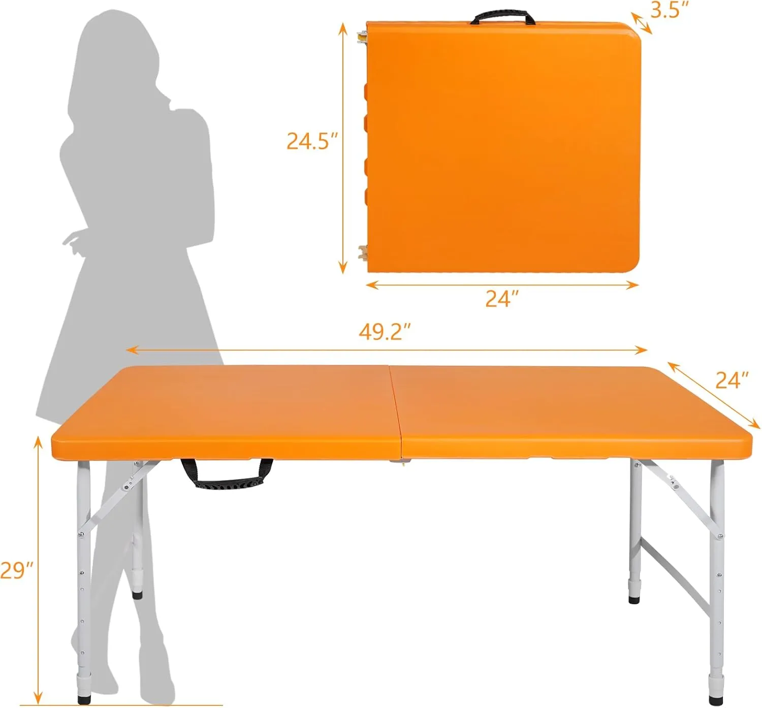 4 Foot Portable Folding Table Adjustable Height Lightweight Indoor Outdoor Picnic Beach Camping Dining Fold Out Table, Iron Utility Table Folding Desk with Carry Handle (Orange, 4ft)