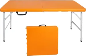 4 Foot Portable Folding Table Adjustable Height Lightweight Indoor Outdoor Picnic Beach Camping Dining Fold Out Table, Iron Utility Table Folding Desk with Carry Handle (Orange, 4ft)