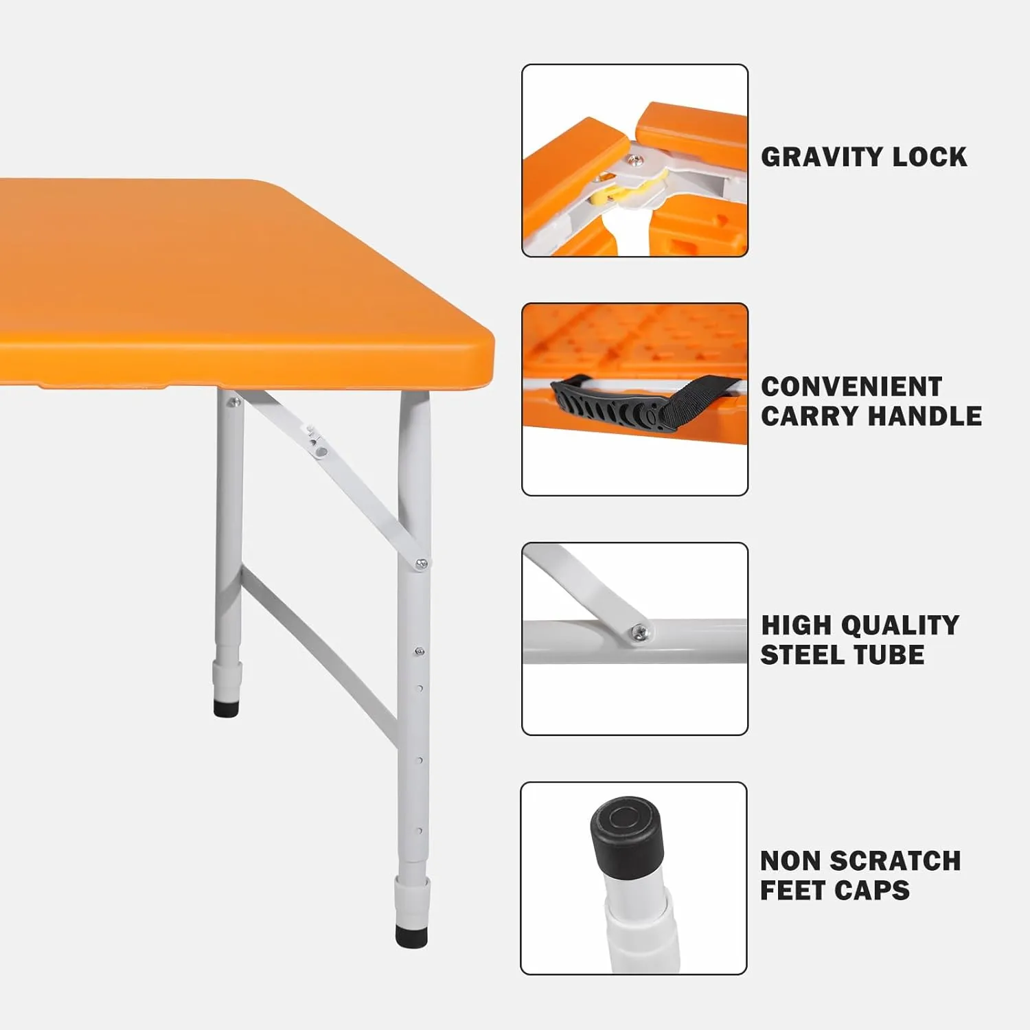 4 Foot Portable Folding Table Adjustable Height Lightweight Indoor Outdoor Picnic Beach Camping Dining Fold Out Table, Iron Utility Table Folding Desk with Carry Handle (Orange, 4ft)