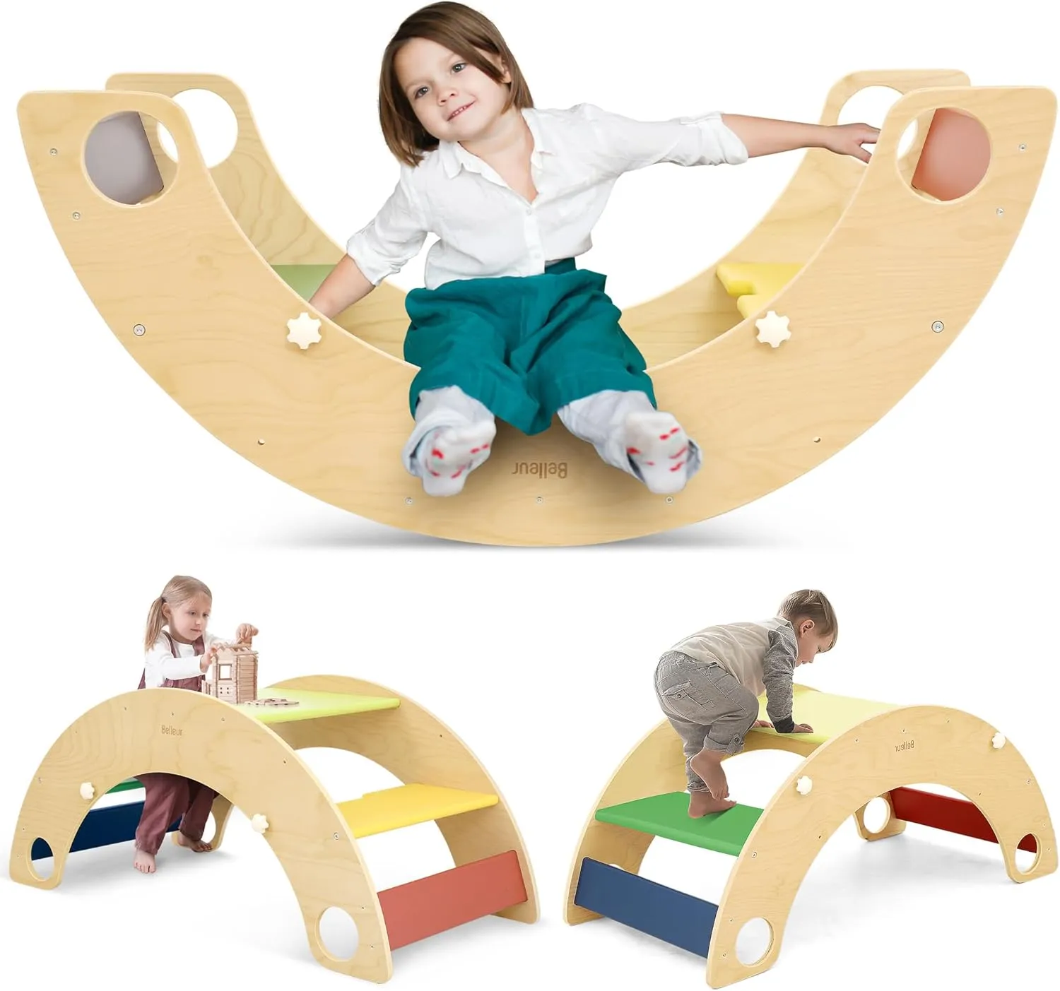4-in-1 Climbing Arch Rocker for Toddler, Adjustable Wooden Climbing Toy Indoor, Convertible Montessori Kids Table