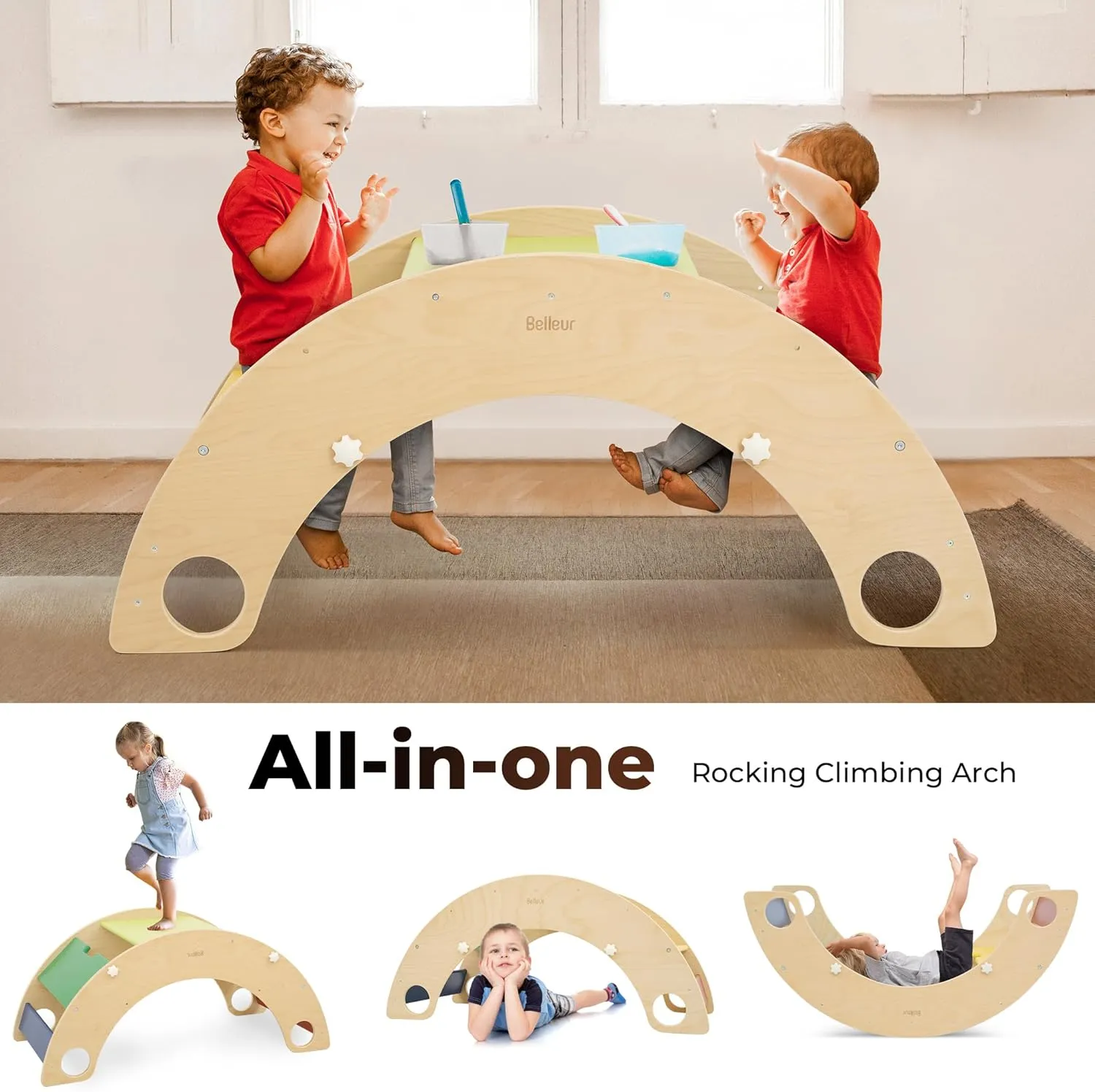 4-in-1 Climbing Arch Rocker for Toddler, Adjustable Wooden Climbing Toy Indoor, Convertible Montessori Kids Table