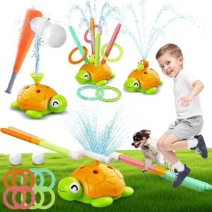 4-in-1 Turtle Water Sprinkler Toys for Kids - Summer Oudoor Toy with Baseball Ringtoss Tubes - Outside Yard Lawn Backyard Park Garden Pool Games for Age 3 4 5 6 7 8 Year Old Toddlers Boys Girls Gifts