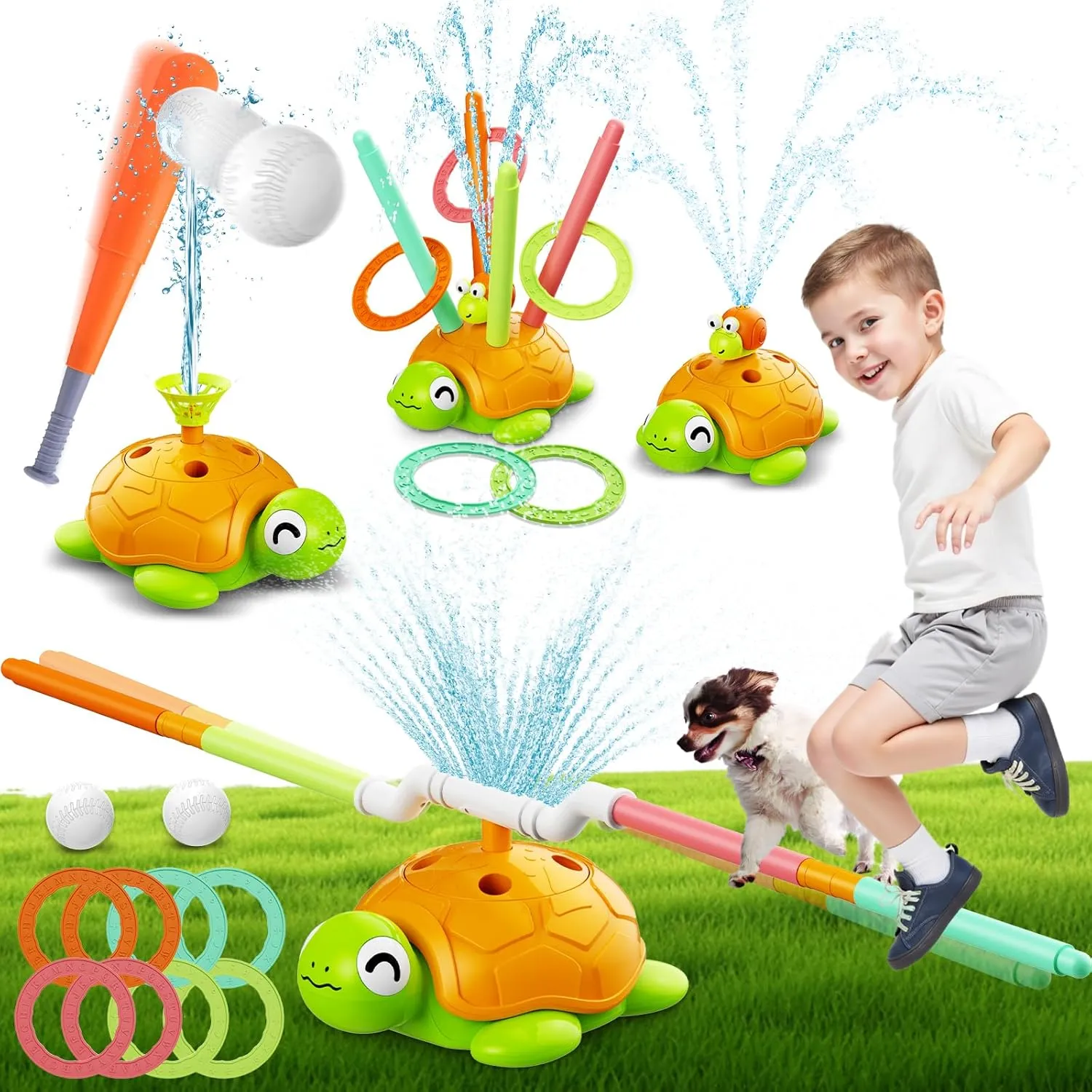 4-in-1 Turtle Water Sprinkler Toys for Kids - Summer Oudoor Toy with Baseball Ringtoss Tubes - Outside Yard Lawn Backyard Park Garden Pool Games for Age 3 4 5 6 7 8 Year Old Toddlers Boys Girls Gifts