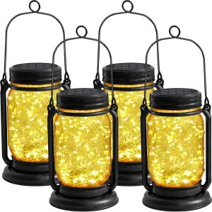 4 Pack Hanging Solar Lantern Lights,Vintage Glass Mason Jar Solar Fairy Lights, Mothers Day Gifts for Woman Mom Grandmom,Outdoor Decorative Waterproof Table Lamp with Stakes for Patio Yard Lawn Tree