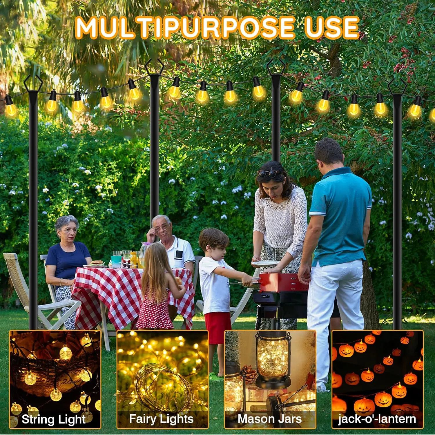 4 Pack String Light Poles, Outdoor String Light Pole 10ft Forked Metal Light Pole with Adjustable Outdoor Light Stand, Deck, Backyard, Garden, Wedding, Rustproof and Sturdy with Hooks
