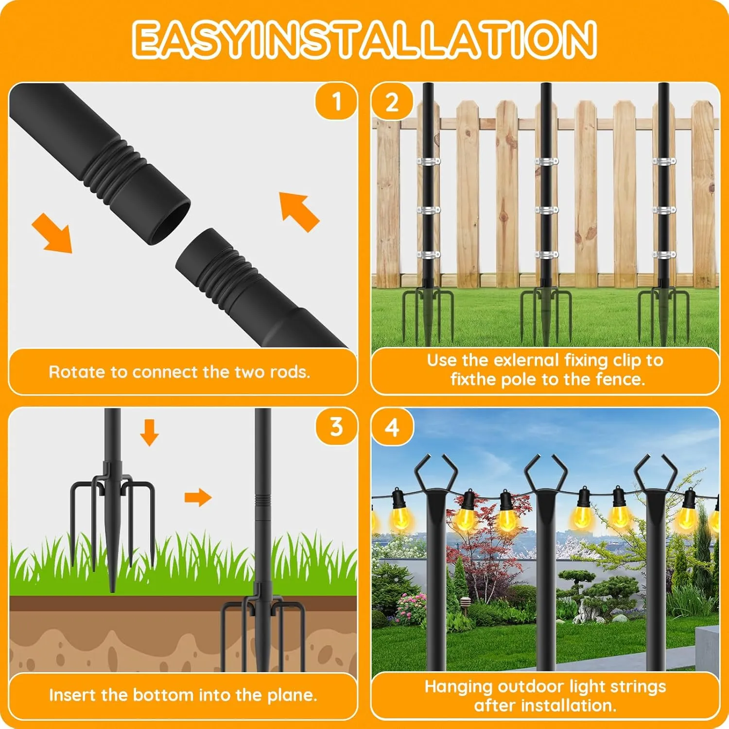 4 Pack String Light Poles, Outdoor String Light Pole 10ft Forked Metal Light Pole with Adjustable Outdoor Light Stand, Deck, Backyard, Garden, Wedding, Rustproof and Sturdy with Hooks