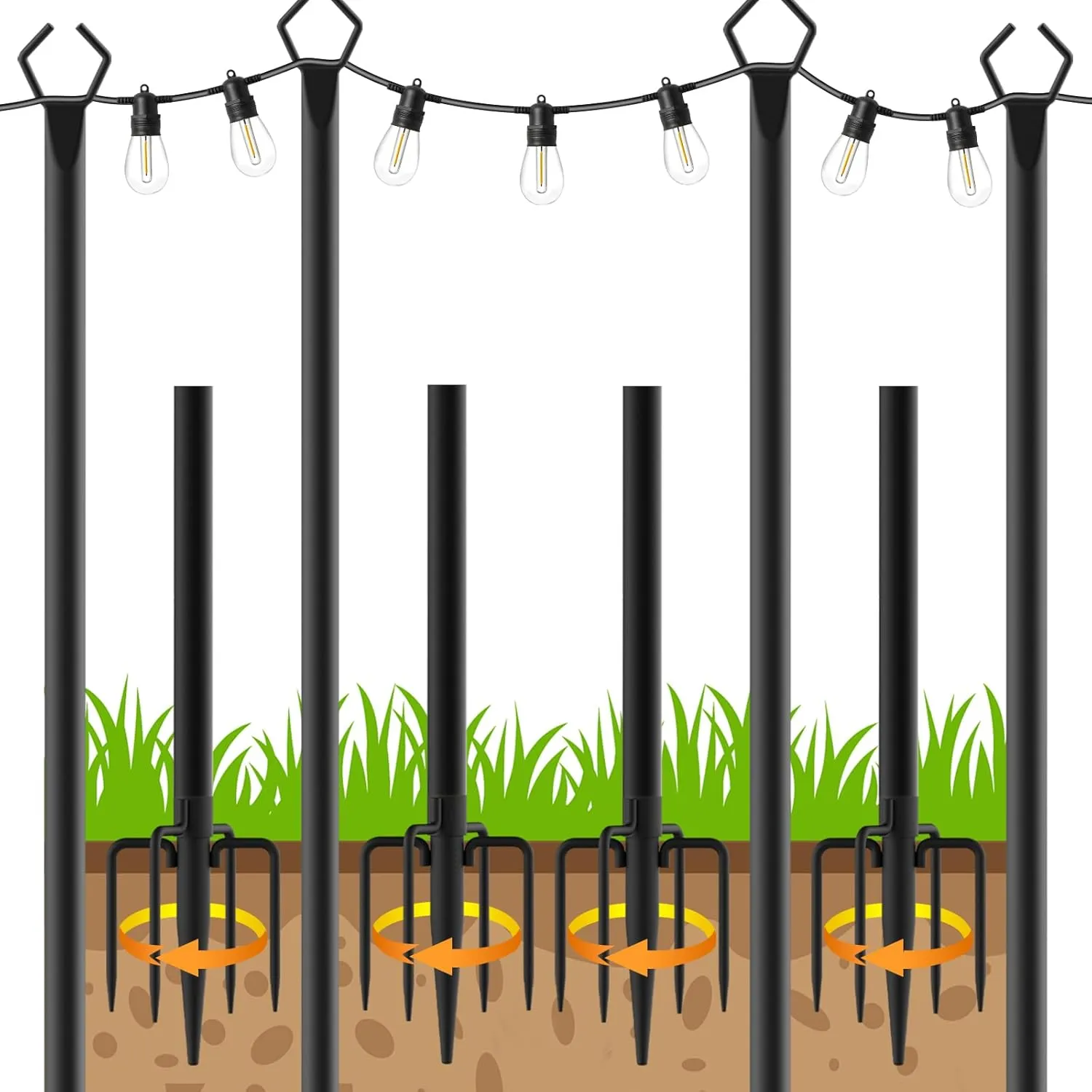 4 Pack String Light Poles, Outdoor String Light Pole 10ft Forked Metal Light Pole with Adjustable Outdoor Light Stand, Deck, Backyard, Garden, Wedding, Rustproof and Sturdy with Hooks