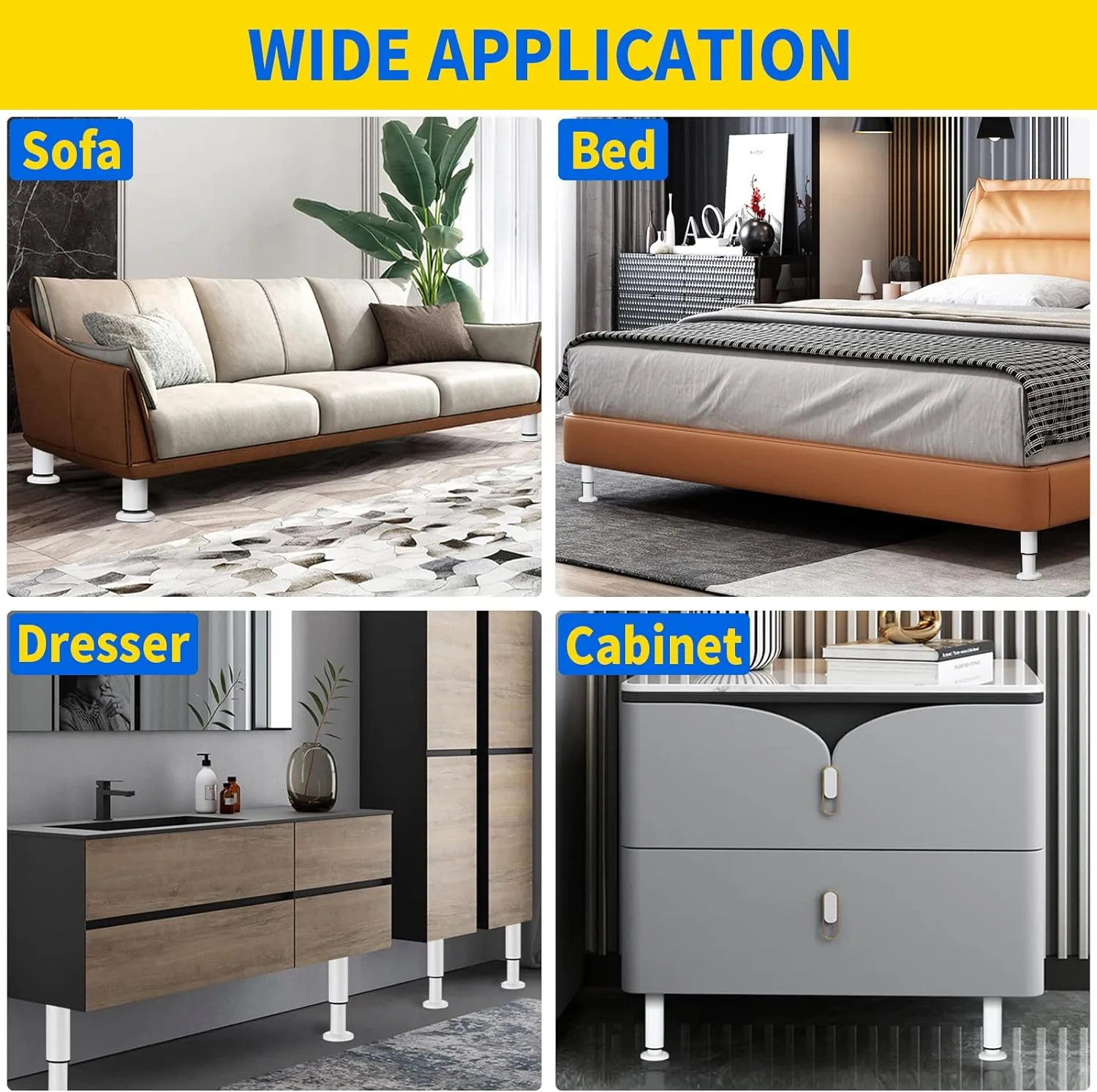 4 PCS Adjustable Height Bed Support Legs [with 18PCS Screws] for Bed Frame/Bed Center Slat, Heavy Duty Furniture Replacement Legs 7.08-12.2 inch for Sofa/Cabinet/Couch/Dresser/Table (White)