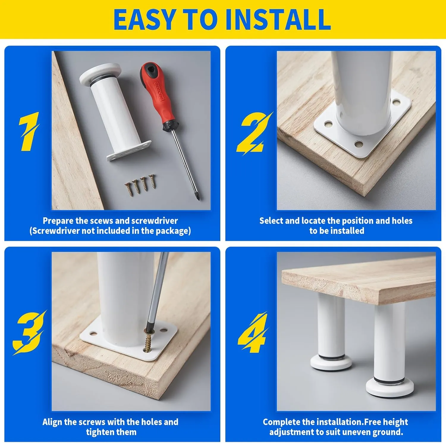 4 PCS Adjustable Height Bed Support Legs [with 18PCS Screws] for Bed Frame/Bed Center Slat, Heavy Duty Furniture Replacement Legs 7.08-12.2 inch for Sofa/Cabinet/Couch/Dresser/Table (White)
