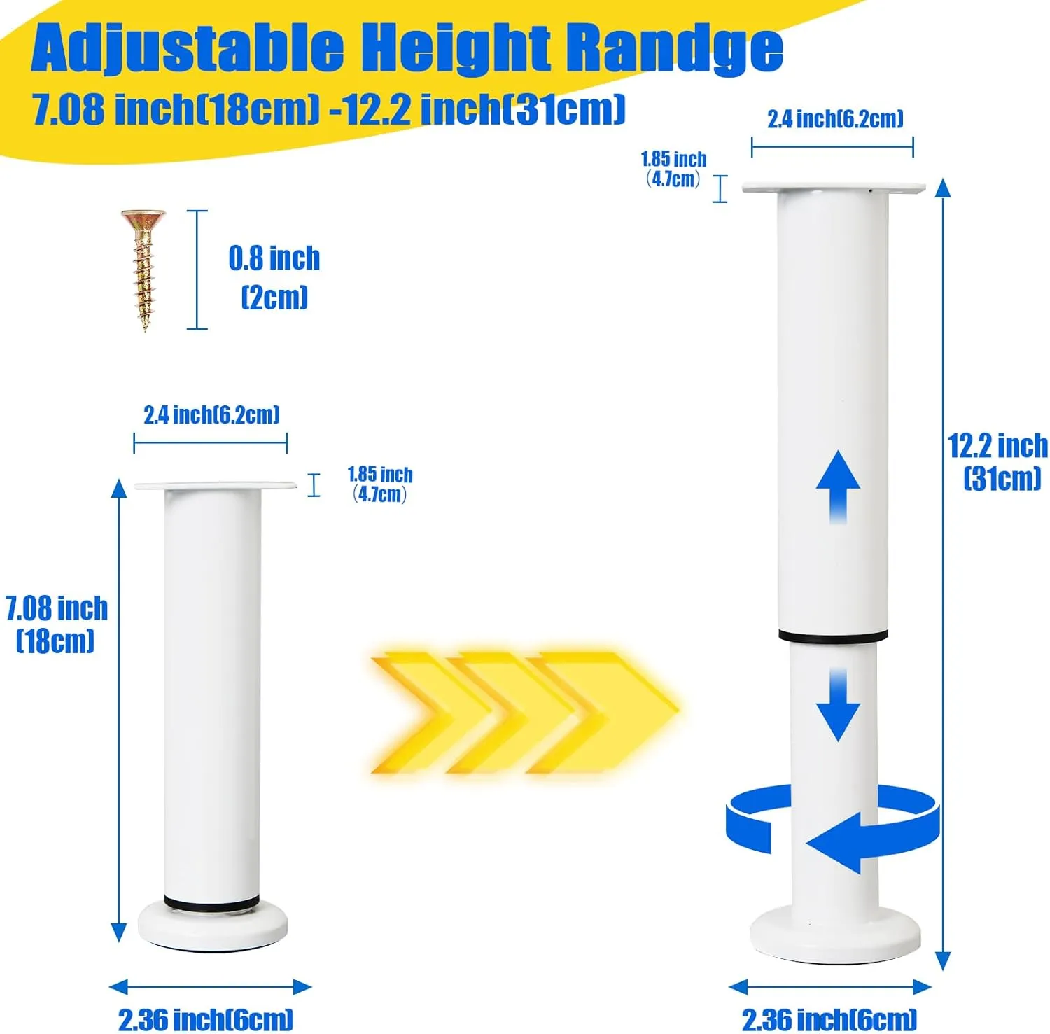 4 PCS Adjustable Height Bed Support Legs [with 18PCS Screws] for Bed Frame/Bed Center Slat, Heavy Duty Furniture Replacement Legs 7.08-12.2 inch for Sofa/Cabinet/Couch/Dresser/Table (White)