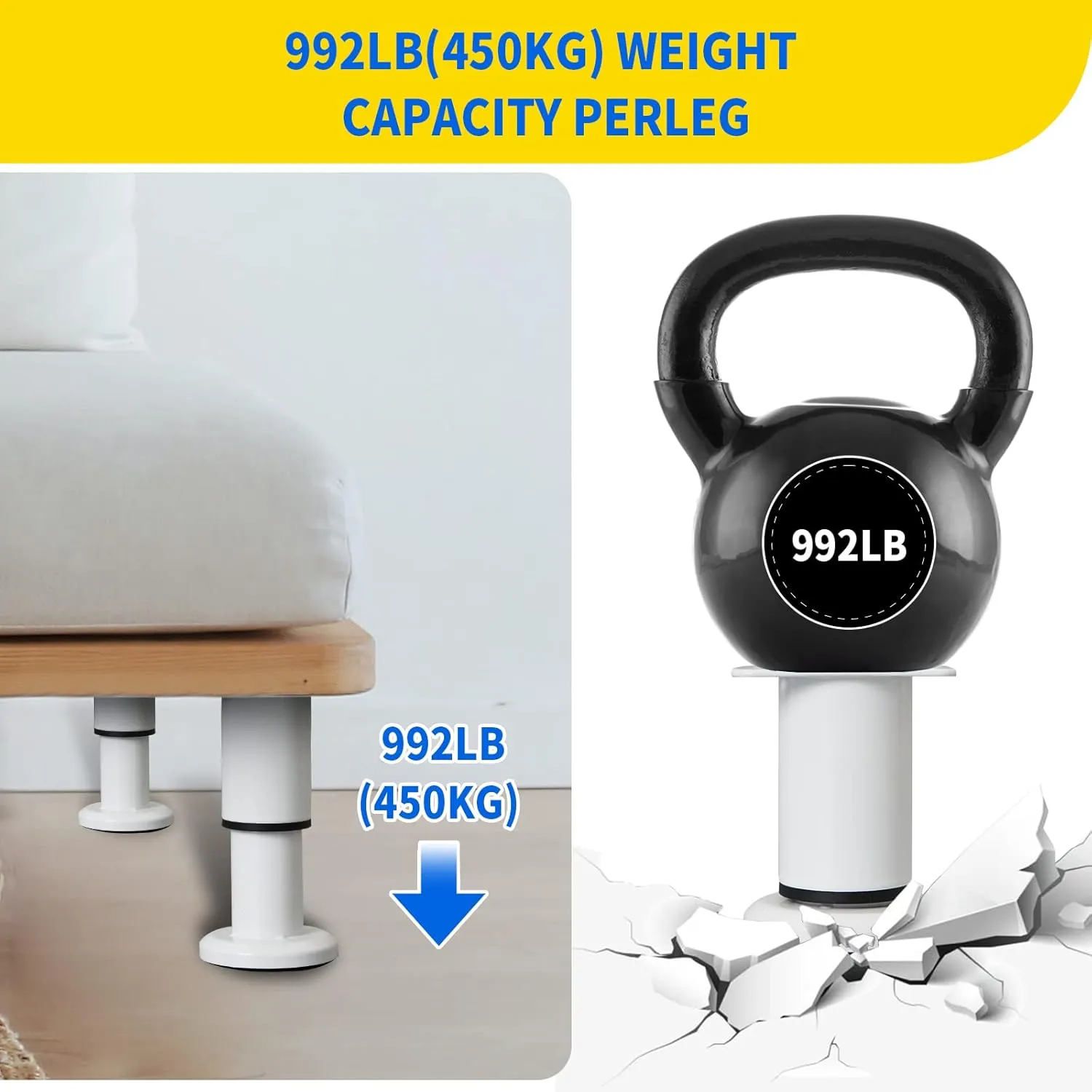 4 PCS Adjustable Height Bed Support Legs [with 18PCS Screws] for Bed Frame/Bed Center Slat, Heavy Duty Furniture Replacement Legs 7.08-12.2 inch for Sofa/Cabinet/Couch/Dresser/Table (White)