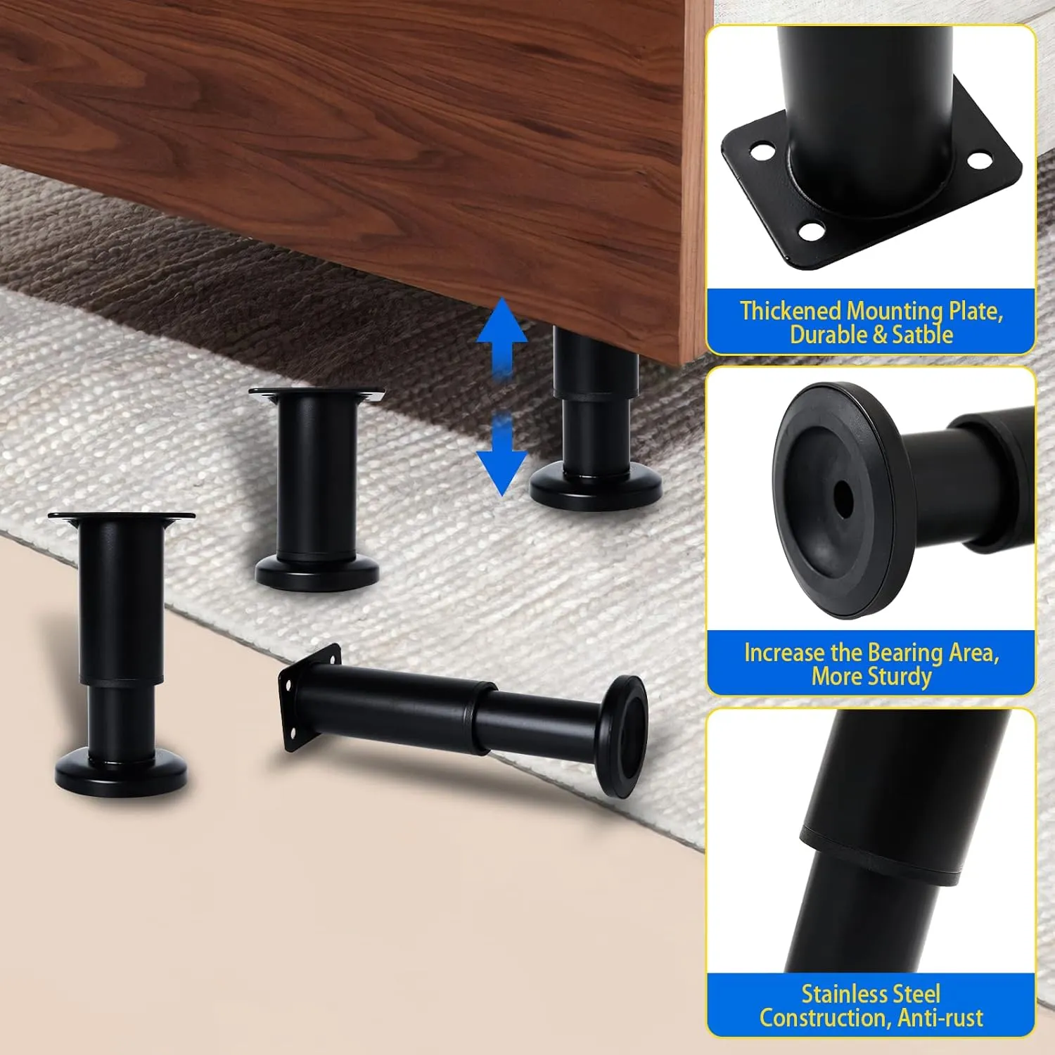4 Pcs Adjustable Height Furniture Support Legs [with Screws] 3.15-4.72 inch, Metal Heavy Duty Furniture Replacement Legs for Chair/Bed/Sofa/Cabinet/Couch/Dresser/Bed/Table (Black)