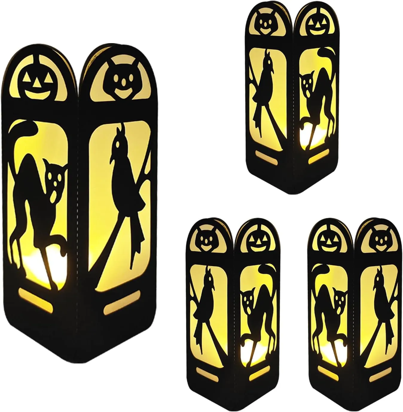 4 Pcs Witch Owl Cat Halloween Light Up Centerpieces - Horror Character Lantern Boxes with LED Light for Creepy Scary Terror Halloween Table Centerpieces Party Supplies - Black 8x3 Inch