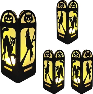 4 Pcs Witch Owl Cat Halloween Light Up Centerpieces - Horror Character Lantern Boxes with LED Light for Creepy Scary Terror Halloween Table Centerpieces Party Supplies - Black 8x3 Inch