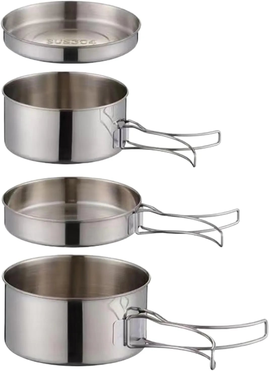 4-Piece Stainless Steel Camping Cooking Pot Set - Silver, Multiple Sizes (900ml, 450ml, 600ml, 200ml), Open Fire Cooking Kit, Compact, Lightweight, Camping, Hiking, Picnic