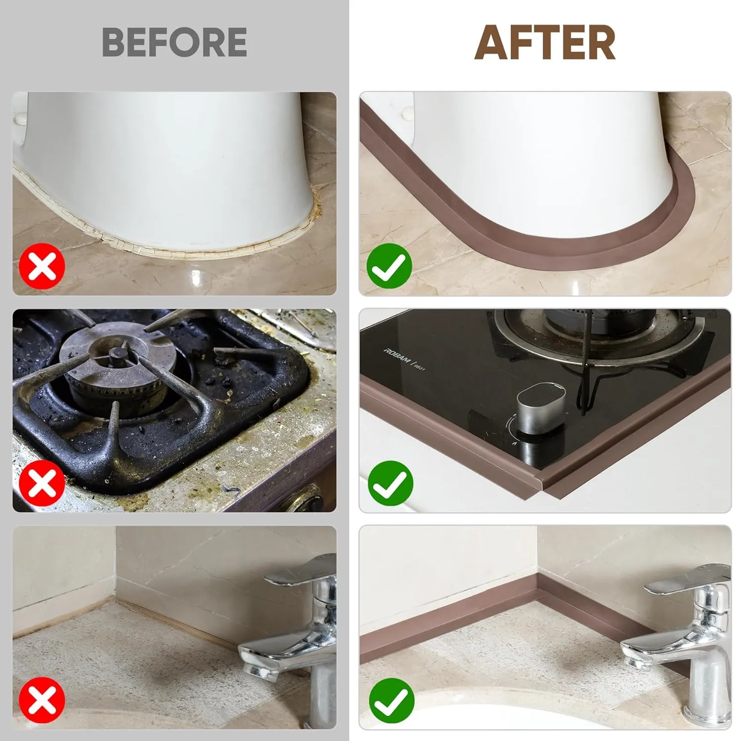 4 Rolls Brown Flex Caulk Tape Waterproof Self Adhesive Strong Viscous - Toilet Bathtub Sealing Caulk Strip - Peel and Stick Caulking Tape Bathroom Shower Floor Tile Corner Trim