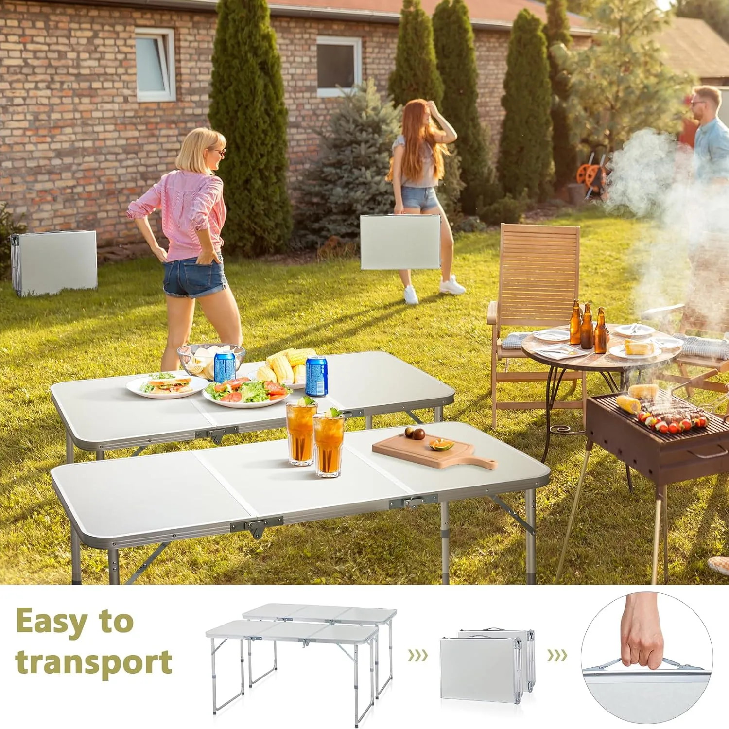 4.0 Ft Folding Portable Camping Table, Adjustable Height, Outdoor Waterproof Aluminum Lightweight Suitcase Table for Picnic, BBQ, Beach, Dining