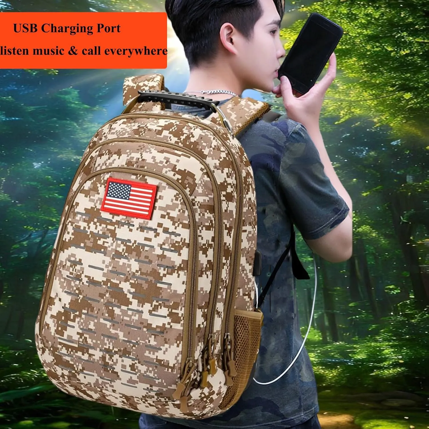 40L Camo Backpack Tactical Backpack Molle Military Backpack Army Bookbag Daypack W/USB Port & Reflective Strip For Hiking Camping Hunting