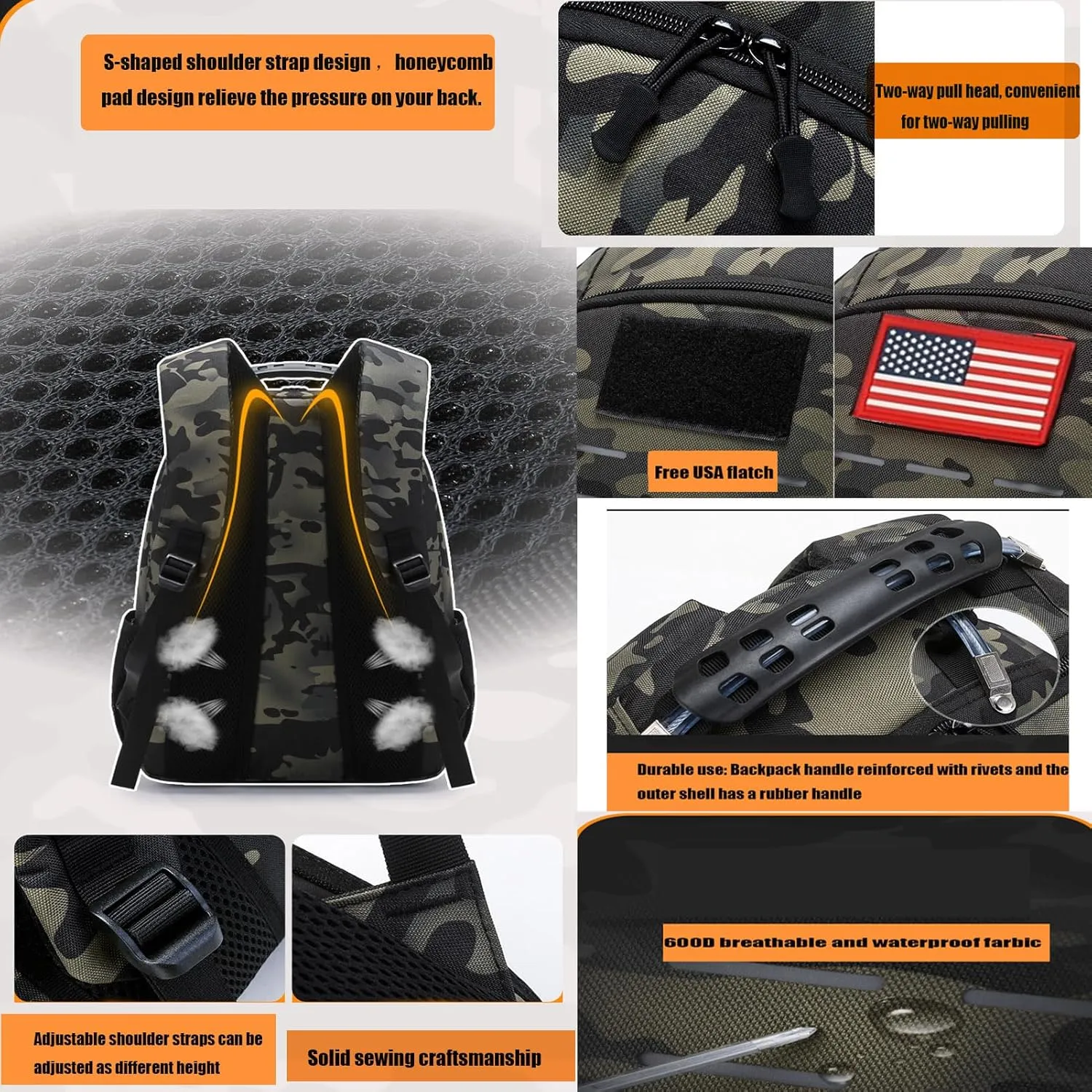 40L Camo Backpack Tactical Backpack Molle Military Backpack Army Bookbag Daypack W/USB Port & Reflective Strip For Hiking Camping Hunting