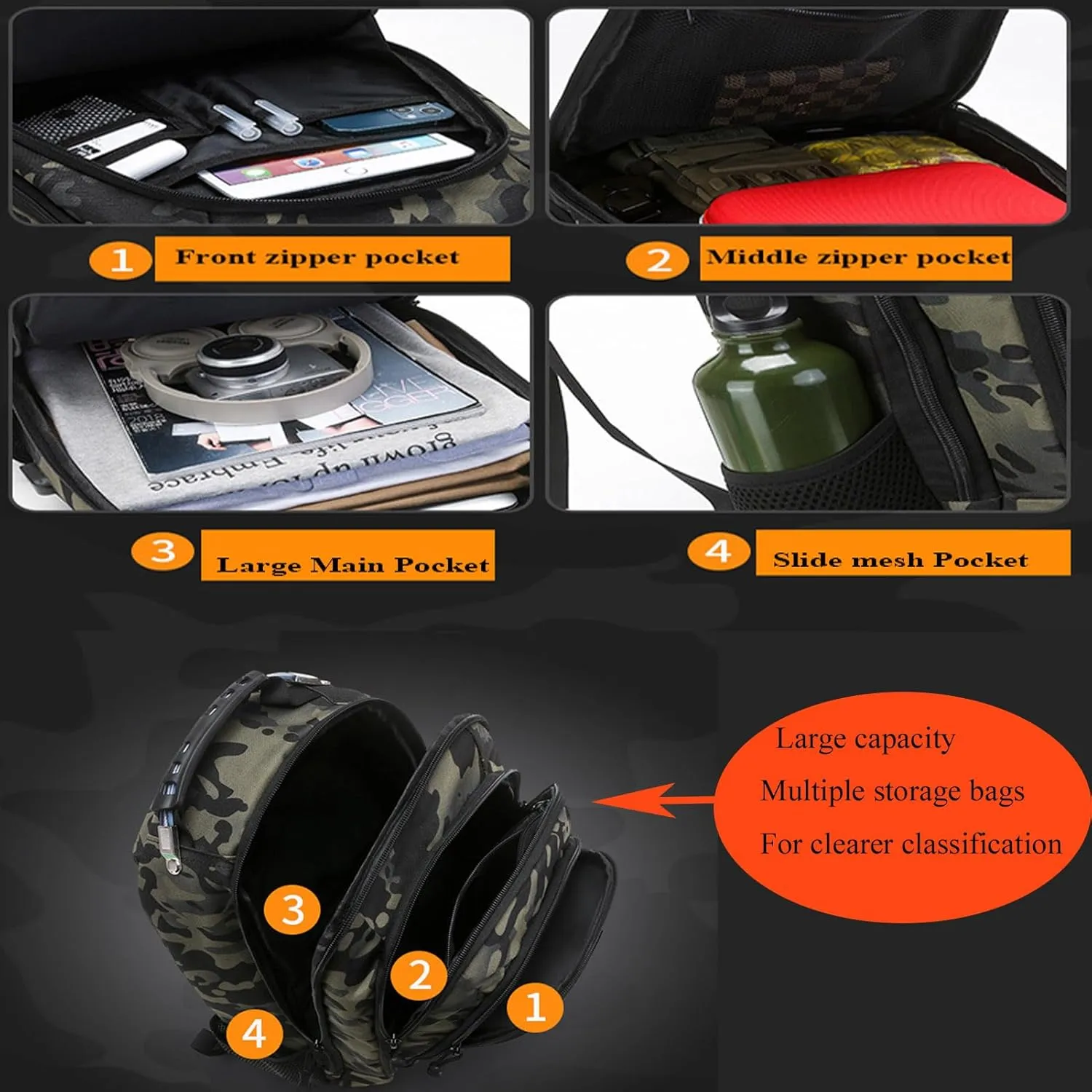 40L Camo Backpack Tactical Backpack Molle Military Backpack Army Bookbag Daypack W/USB Port & Reflective Strip For Hiking Camping Hunting