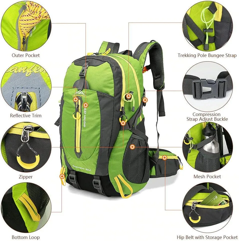 40L Waterproof Climbing Rucksack Travel Hiking Backpack Laptop Daypack Trekking Backpack Outdoor Men Women Sport Bag-Black Yellow