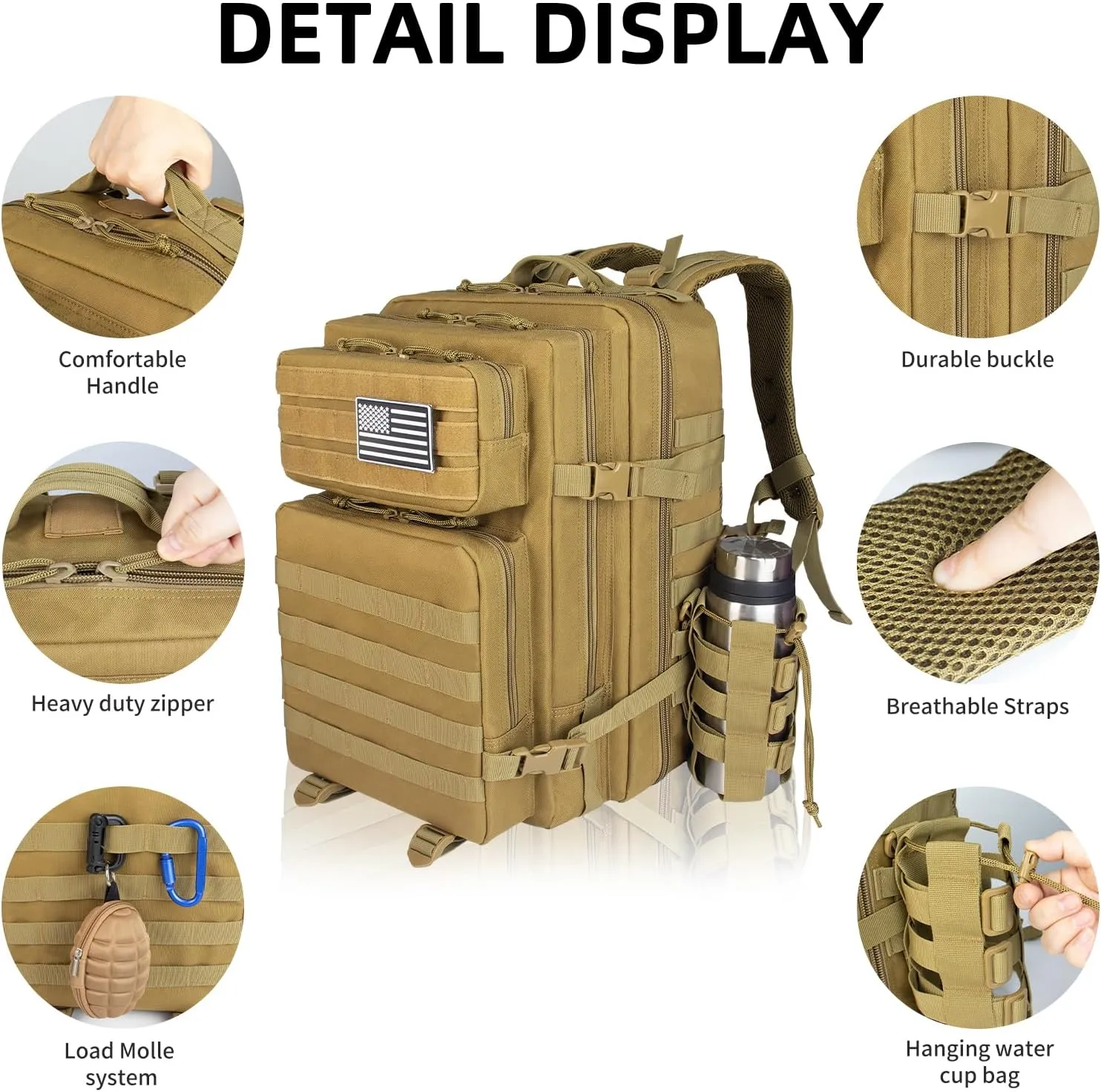 45L Military Tactical Backpack For Men Highland Assault Large Army Pack 3 Day Molle Bug Out Bag With Water Cup Bag Outdoor Camping Hiking Daypack khaki Rucksack