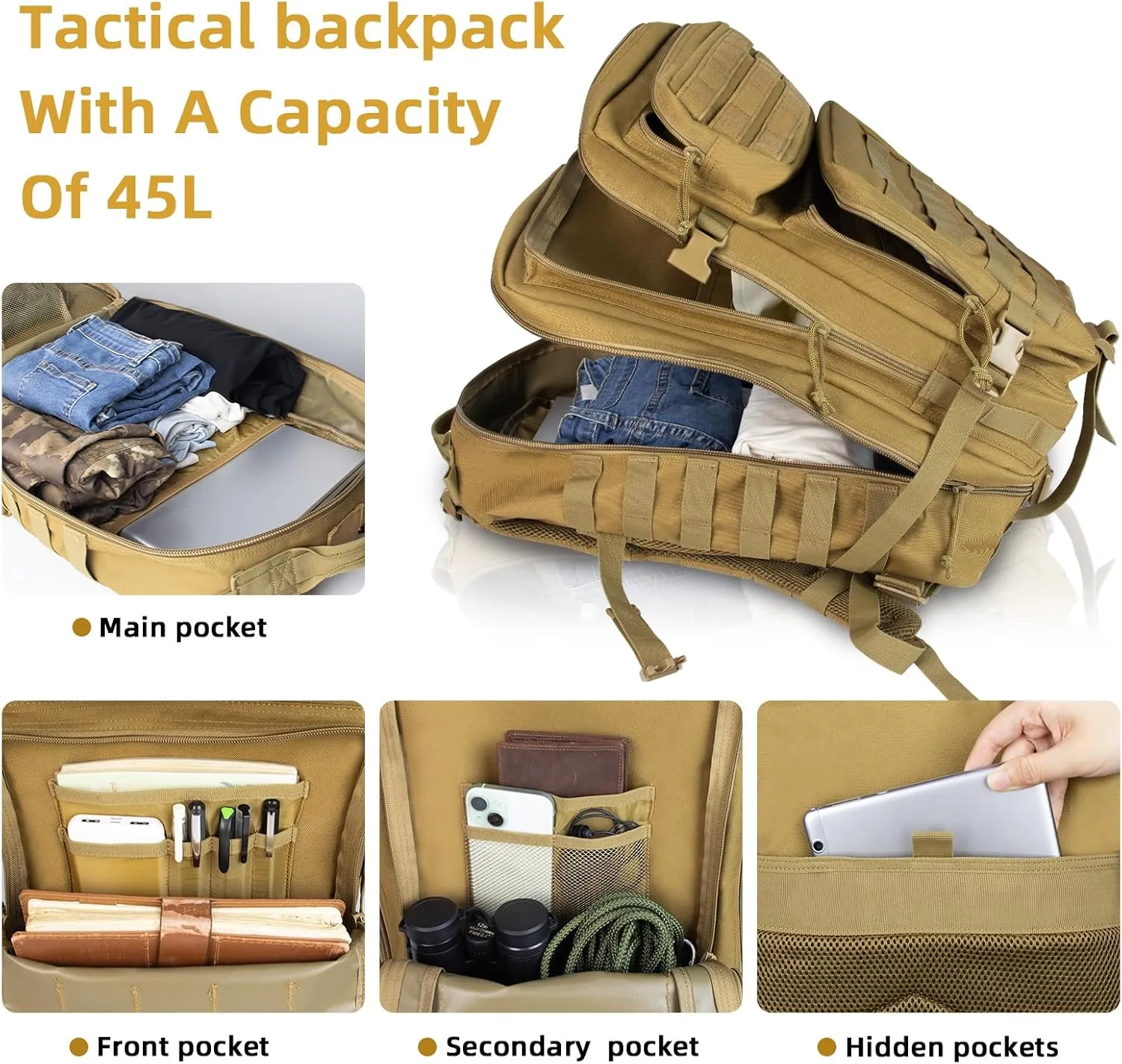 45L Military Tactical Backpack For Men Highland Assault Large Army Pack 3 Day Molle Bug Out Bag With Water Cup Bag Outdoor Camping Hiking Daypack khaki Rucksack
