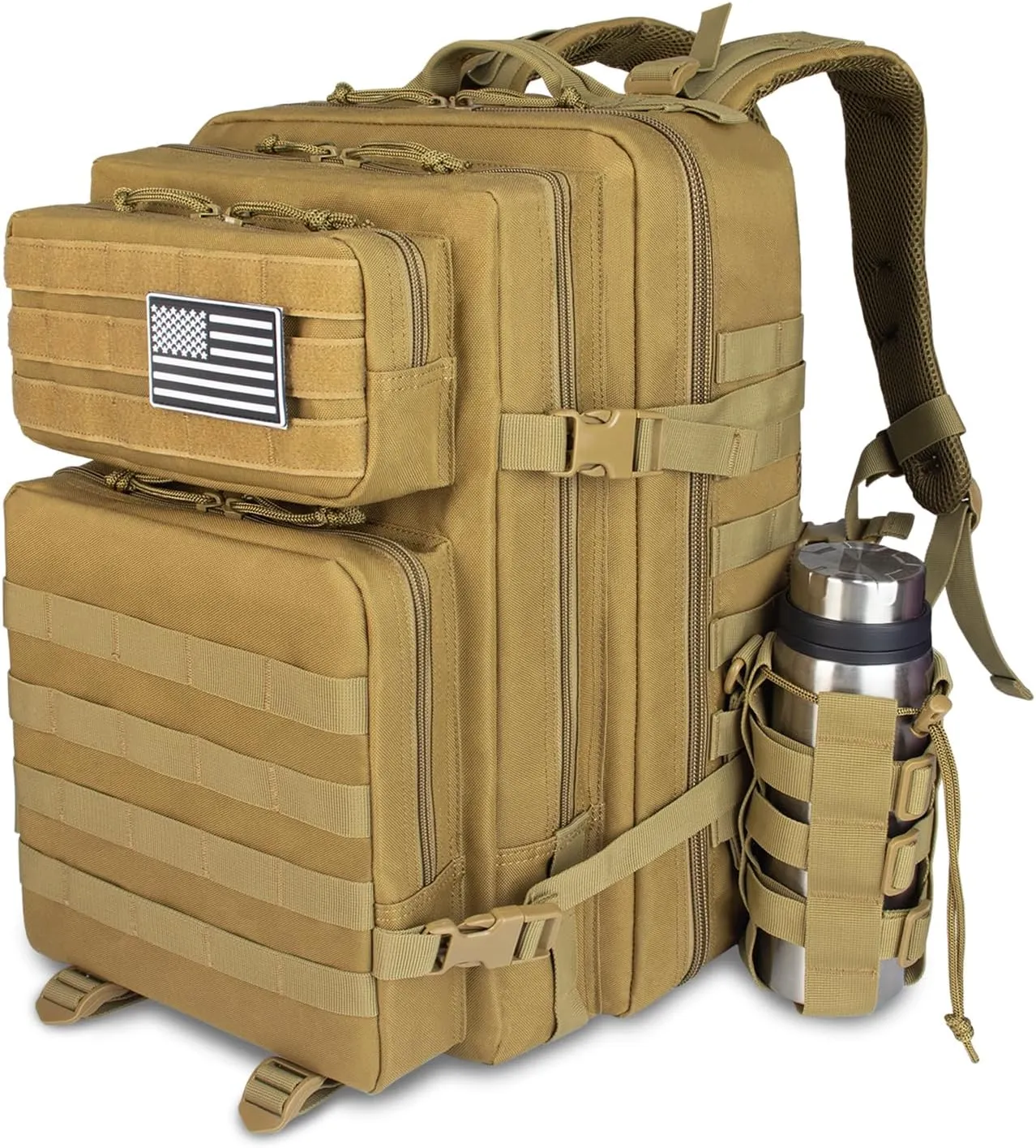 45L Military Tactical Backpack For Men Highland Assault Large Army Pack 3 Day Molle Bug Out Bag With Water Cup Bag Outdoor Camping Hiking Daypack khaki Rucksack