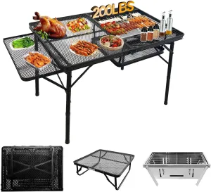 4FT Folding Grill Table, Portable Camping Table with Wing Panels,Height Adjustable Metal Table with Small Charcoal Grill,Portable Outdoor Table Detachable into Two Tables（Carbon Black）