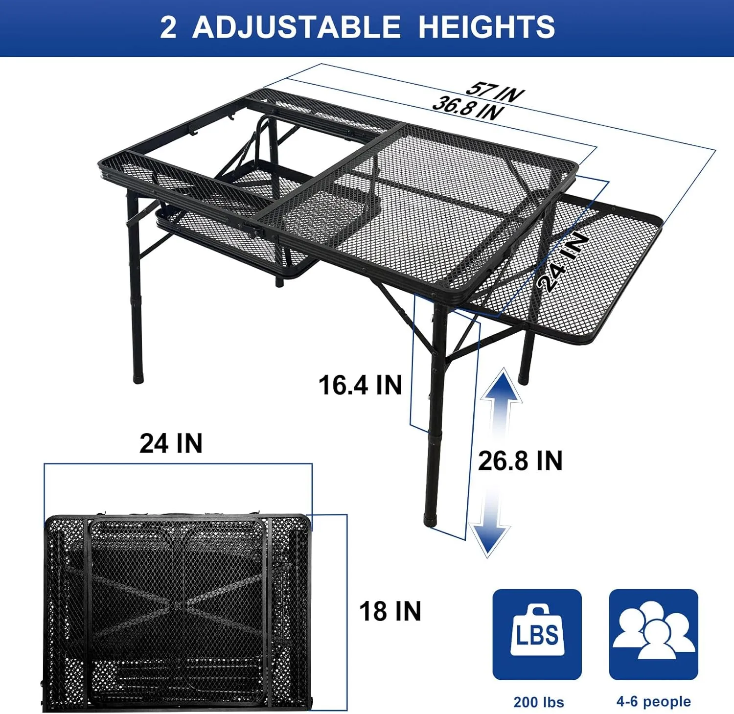 4FT Folding Grill Table, Portable Camping Table with Wing Panels,Height Adjustable Metal Table with Small Charcoal Grill,Portable Outdoor Table Detachable into Two Tables（Carbon Black）