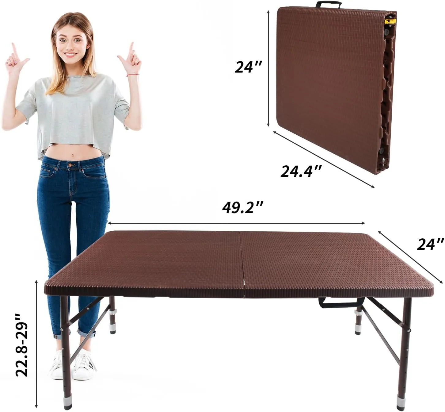 4FT Folding Table with Rattan Tabletop, Portable Lightweight Camping Table with Carry Handle, Collapsible Rectangle Table for Picnic, BBQ, Patio Brown