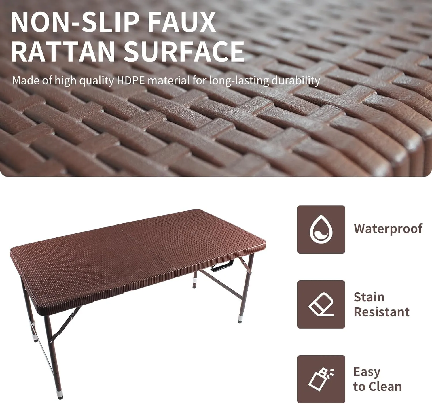4FT Folding Table with Rattan Tabletop, Portable Lightweight Camping Table with Carry Handle, Collapsible Rectangle Table for Picnic, BBQ, Patio Brown