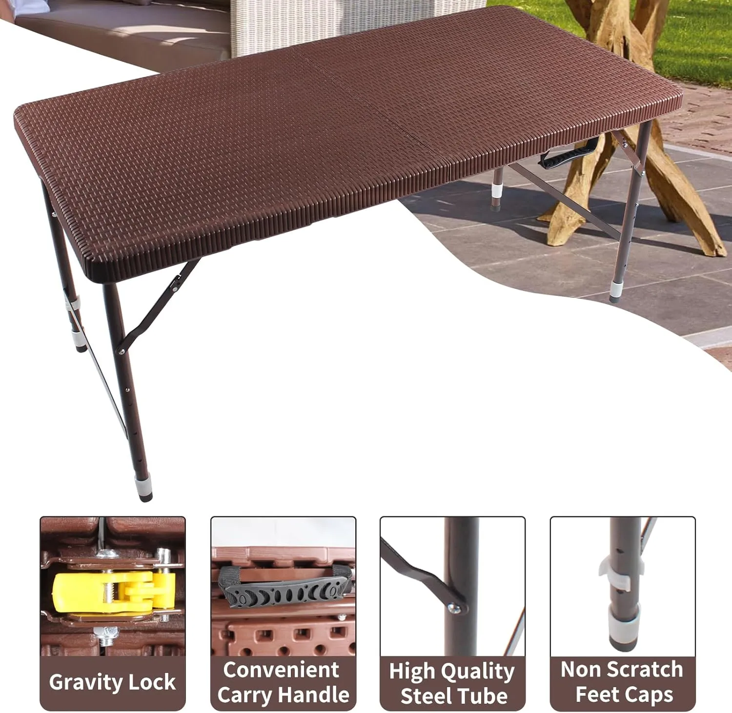 4FT Folding Table with Rattan Tabletop, Portable Lightweight Camping Table with Carry Handle, Collapsible Rectangle Table for Picnic, BBQ, Patio Brown