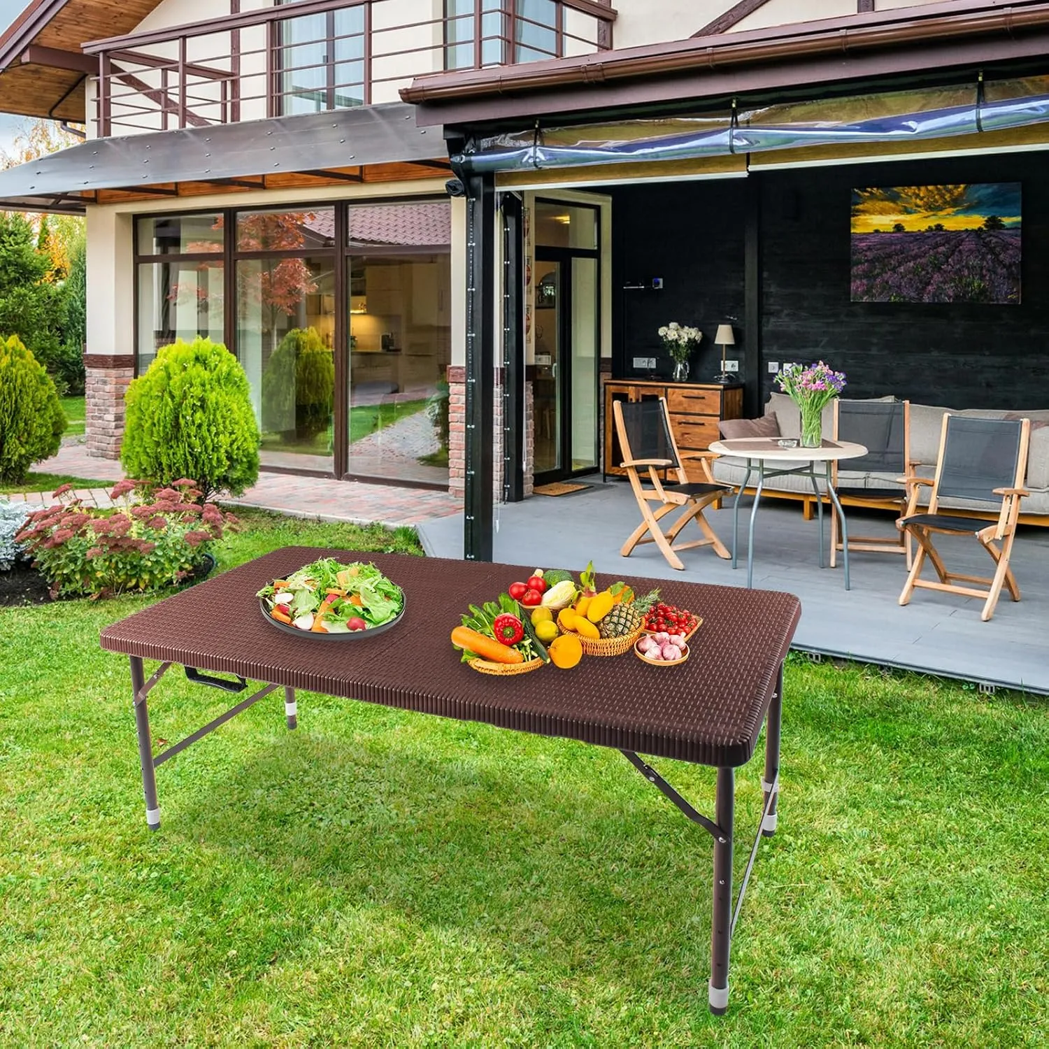 4FT Folding Table with Rattan Tabletop, Portable Lightweight Camping Table with Carry Handle, Collapsible Rectangle Table for Picnic, BBQ, Patio Brown