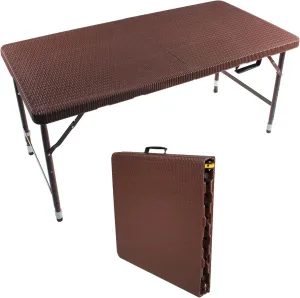 4FT Folding Table with Rattan Tabletop, Portable Lightweight Camping Table with Carry Handle, Collapsible Rectangle Table for Picnic, BBQ, Patio Brown