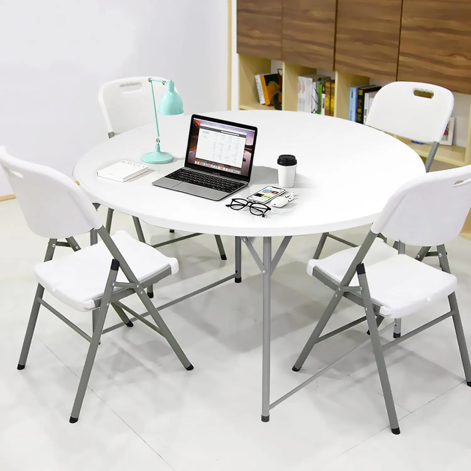 4FT Round Table, Round Folding Table 48 inch, Bifold Round Table, Plastic Dining Table, Event Commercial Table for Wedding, Party, Garden, Patio