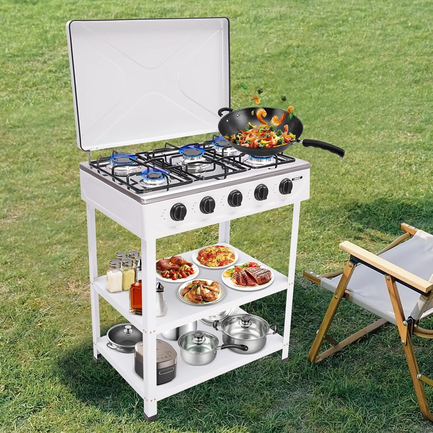 5 Burner Gas Stove, Portable Stove with Stand & Cover, Freestanding Camping Stove with 5 Control Knobs, Outdoor Cooking Equipment for Picnic, Cookout, Camping, Fishing, RV Travel
