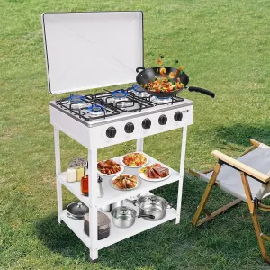 5 Burner Gas Stove, Portable Stove with Stand & Cover, Freestanding Camping Stove with 5 Control Knobs, Outdoor Cooking Equipment for Picnic, Cookout, Camping, Fishing, RV Travel