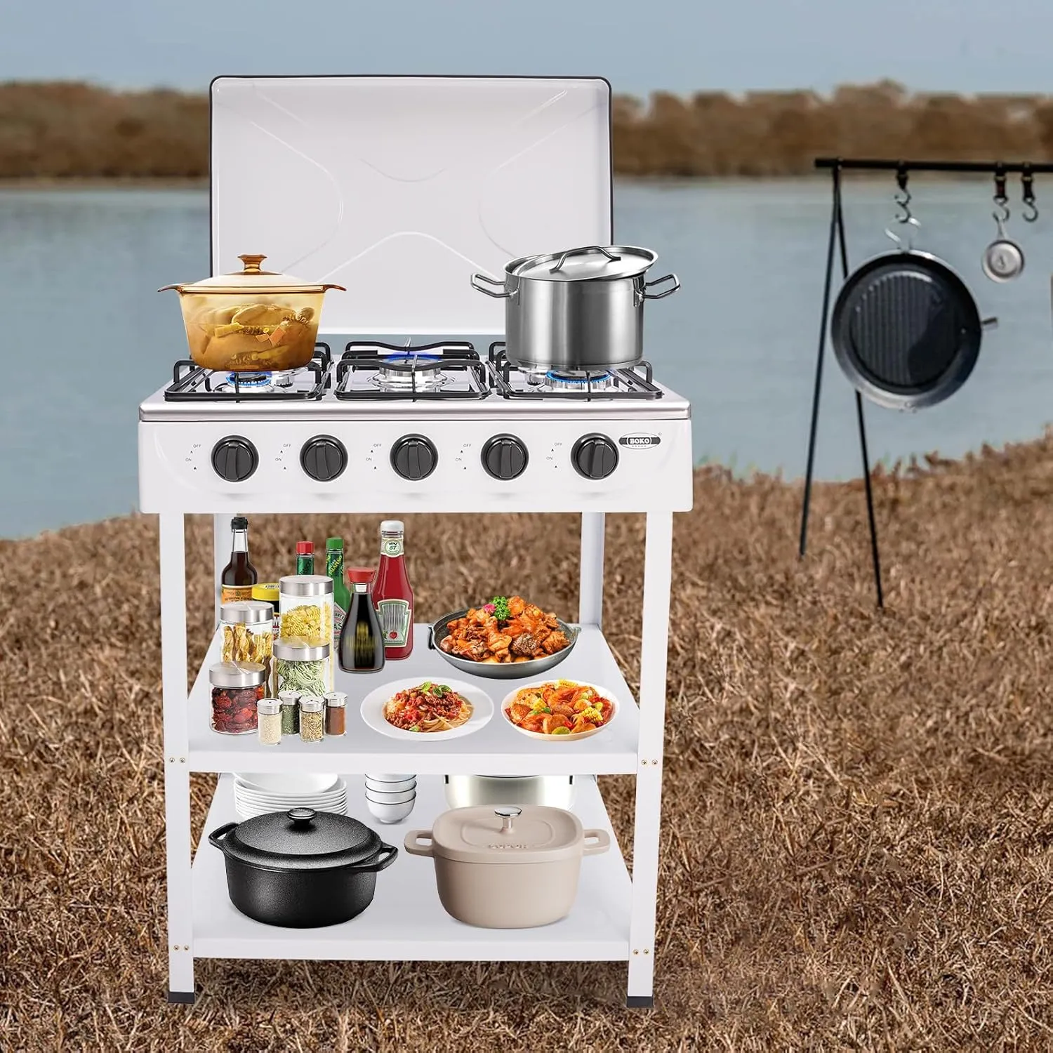 5 Burner Gas Stove with Wind Shield Portable 2.5KW Natural Gas Stove with 2 Storage Shelves for RV Apartment Outdoor Cooking
