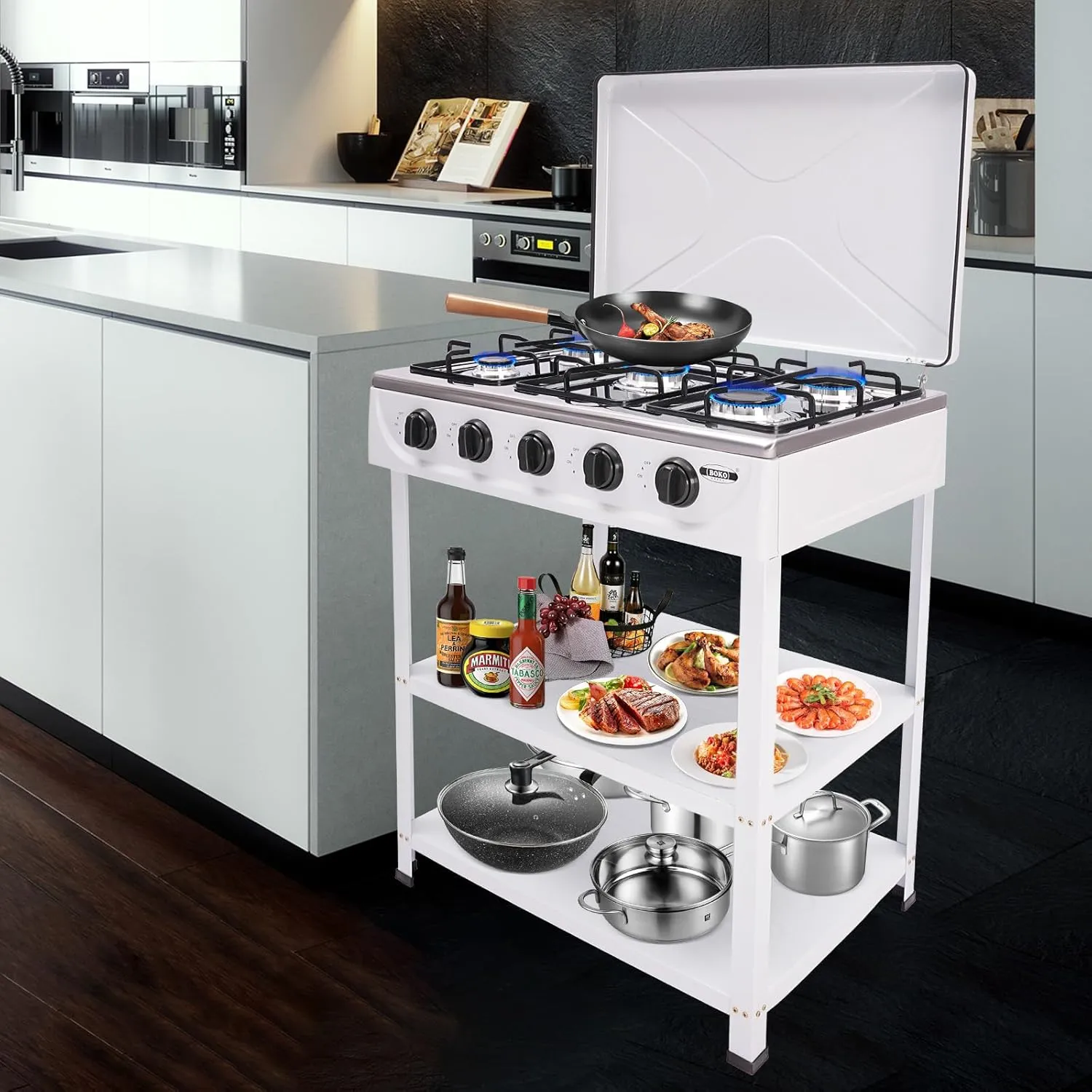 5 Burner Gas Stove,Portable Propane Stove,Camping Stove with Support Leg Stand and Wind Blocking Cover,Freestanding Gas Stove for RV Apartment Outdoor Cooking (White, 5 Burner)